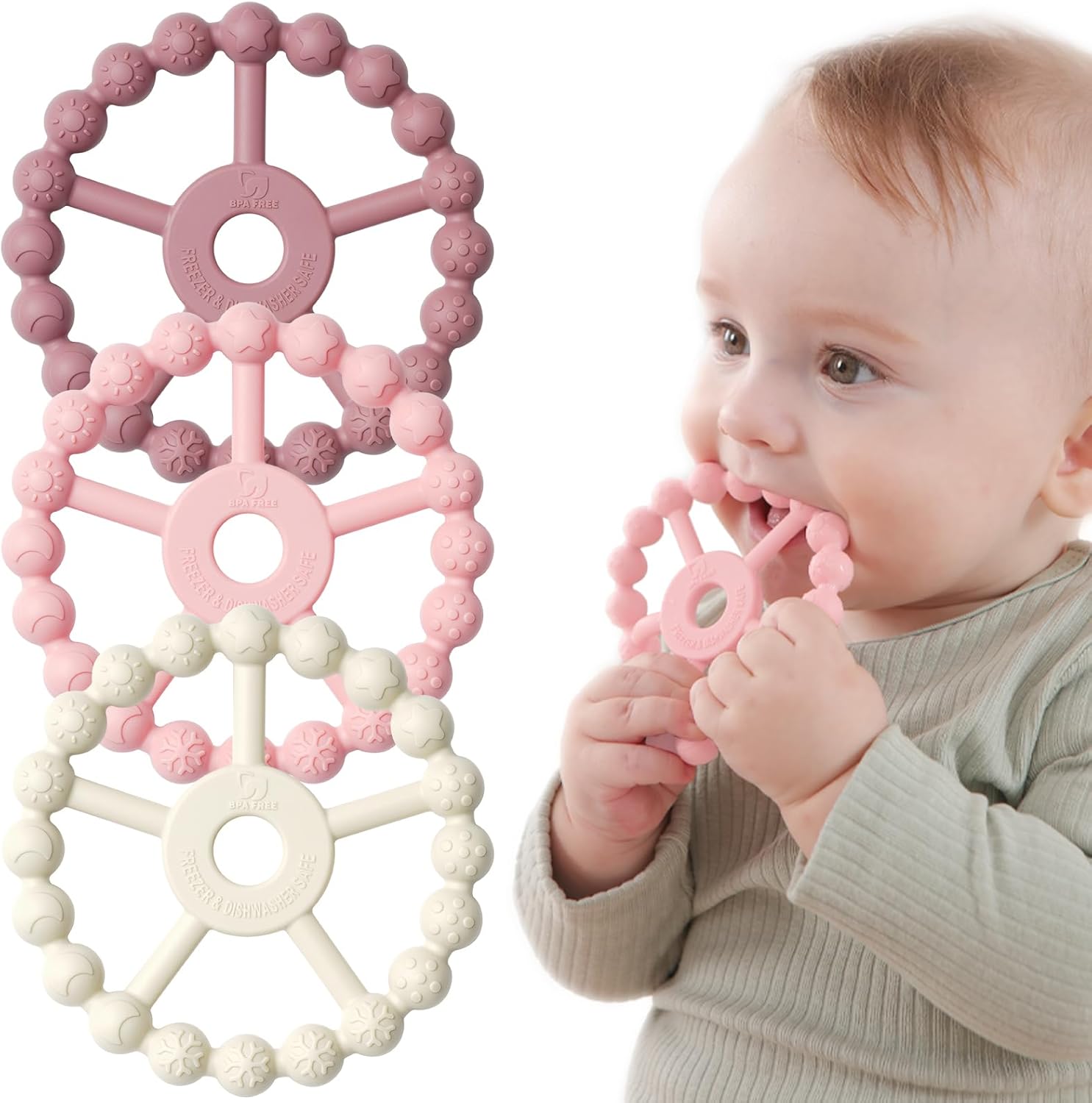 3 Pack Ring Teether, Silicone Teething Ring Toys for Babies 0-6 months, Seposeve Baby Teethers 6-12 months 12-24 months, Easy to Grasp Toy for Baby Teething Relief, Purple Pink White