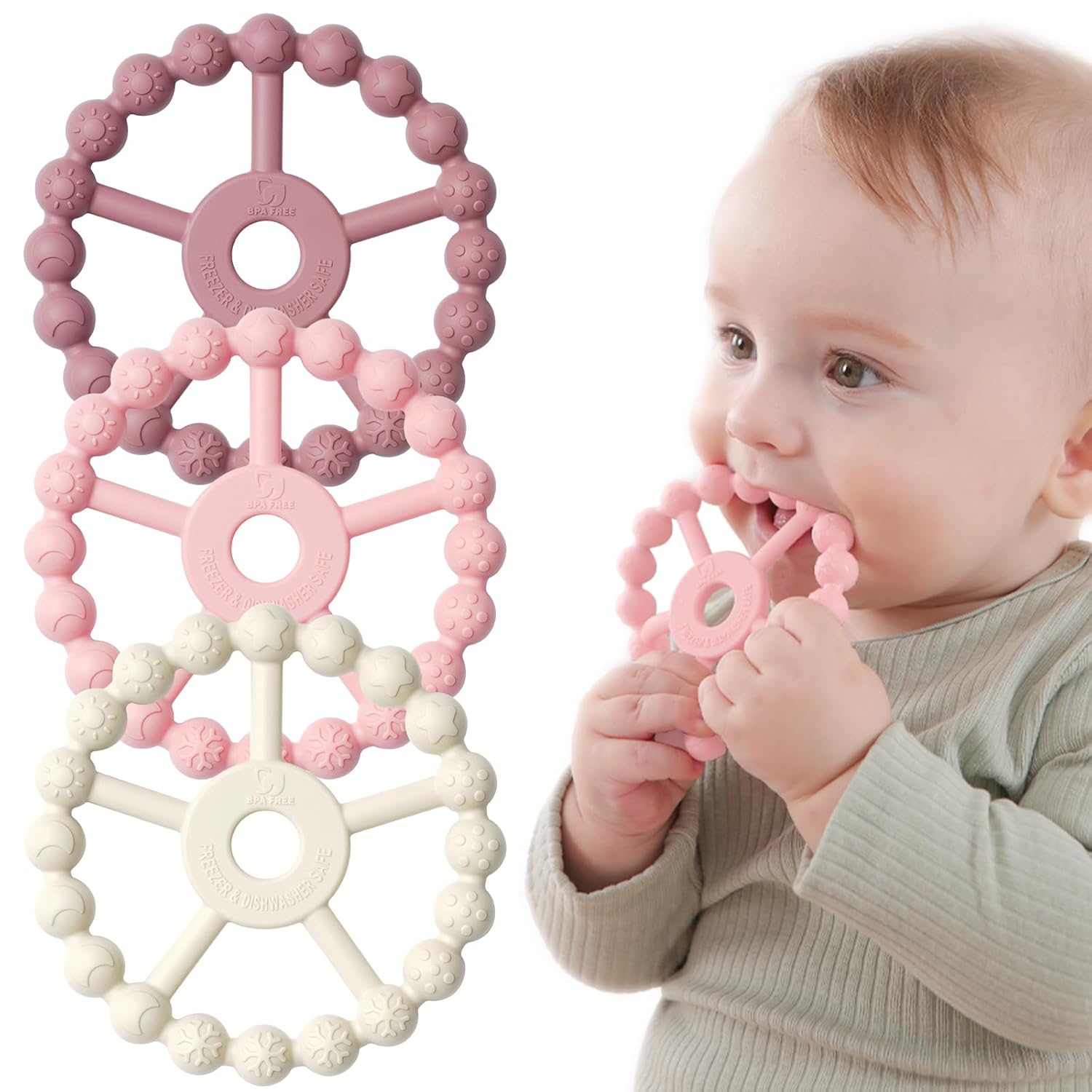 3 Pack Ring Teether Baby Infant Toys, Silicone Teething Ring Toys for Babies 0-6 Months, Seposeve Baby Teethers 6-12 Months 12-24 Months, Easy to Grasp Toy, Infant Teething Relief, Purple Pink White