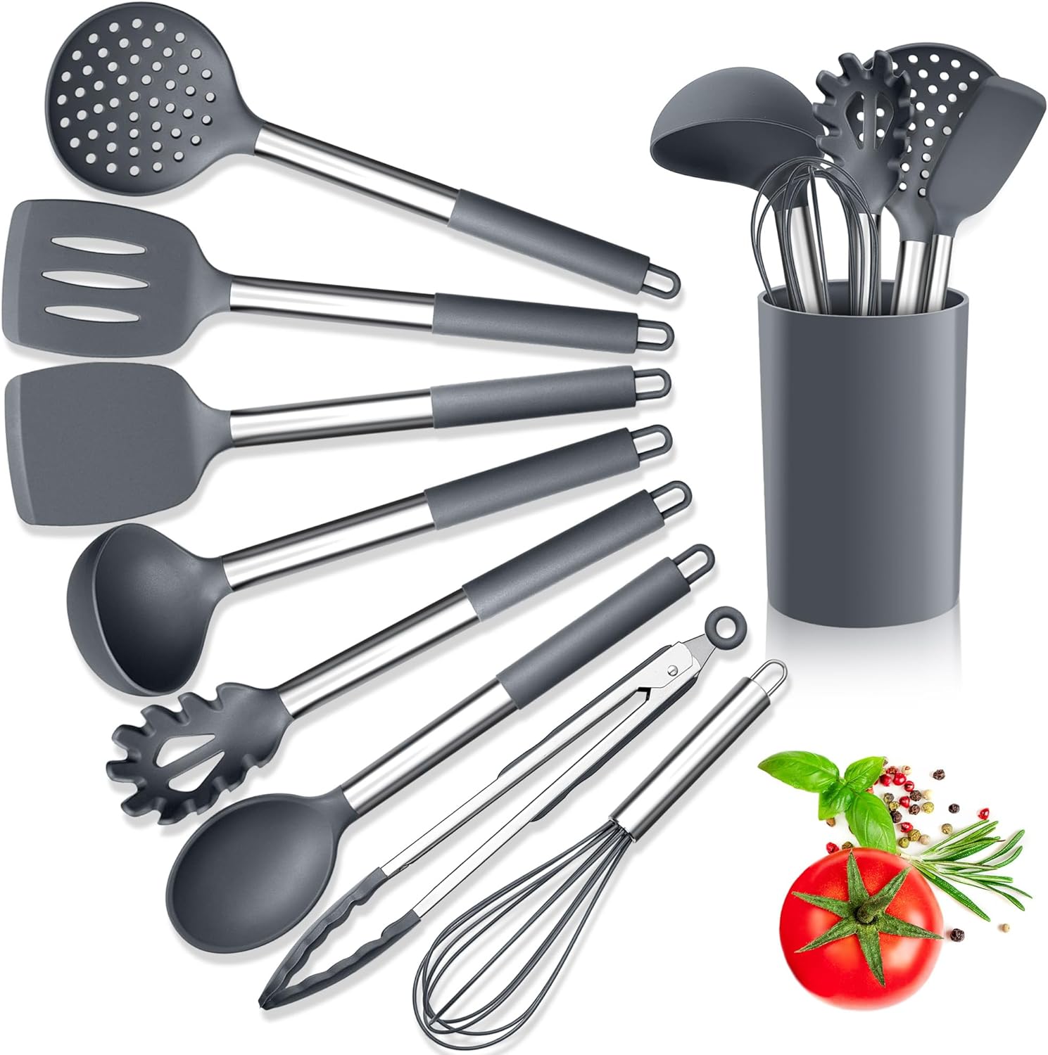 Herogo Kitchen Utensils Set, 9-Piece Silicone Cooking Utensil with Stainless Steel Handle, Heat Resistant Kitchen Cooking Spatula Turner Spoon with Holder, Non-Stick, Easy to Clean - Grey