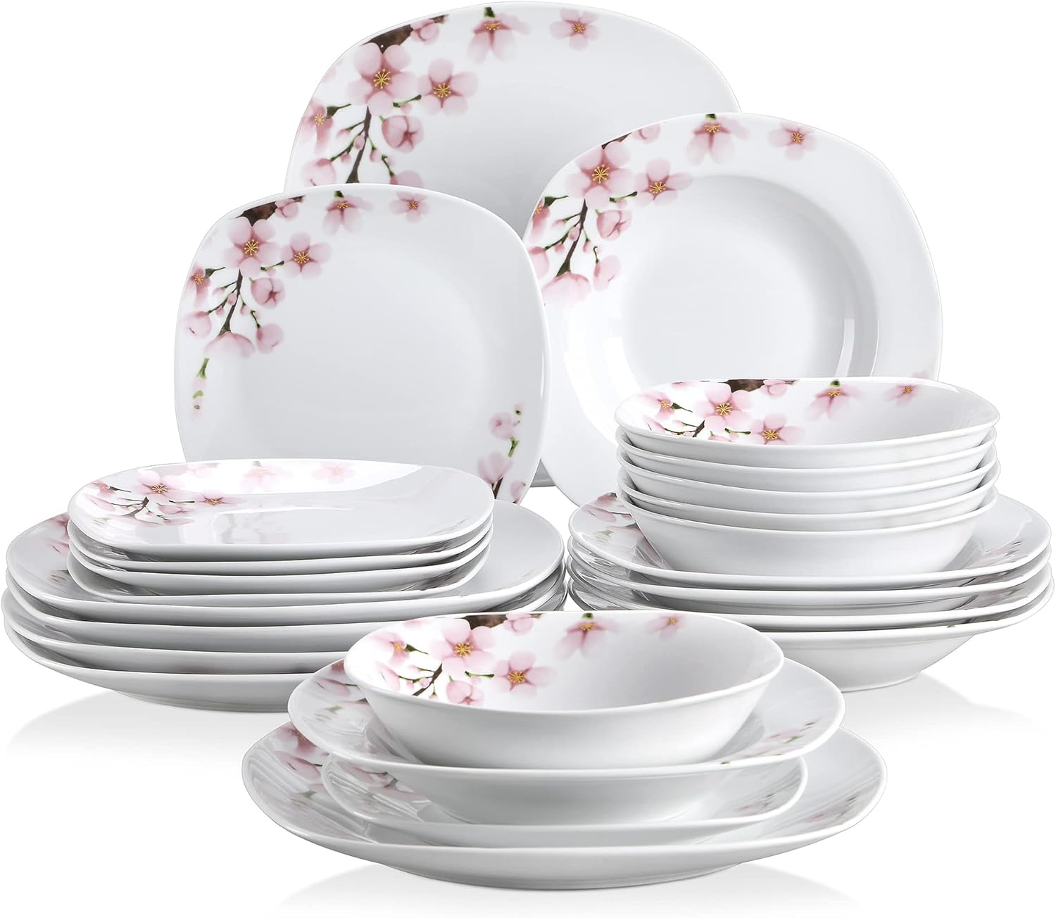 VEWEET 'Annie' 24-Piece Dinner Set Ivory White Pink Floral Porcelain Dinnerware Set China Ceramic Tableware Set with Bowls, Dessert Plates, Soup Plates, Dinner Plates Service for 6