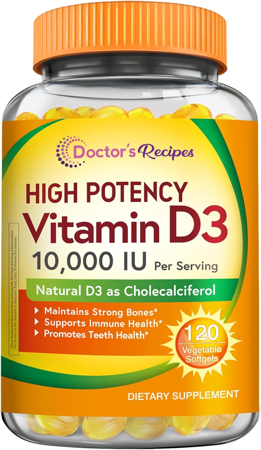Doctor's Recipes Vitamin D3 10000 IU, Bones, Teeth, and Immune Support, Non-GMO, No Gelatin, Gluten or Soy, 120 Vegetarian Softgels