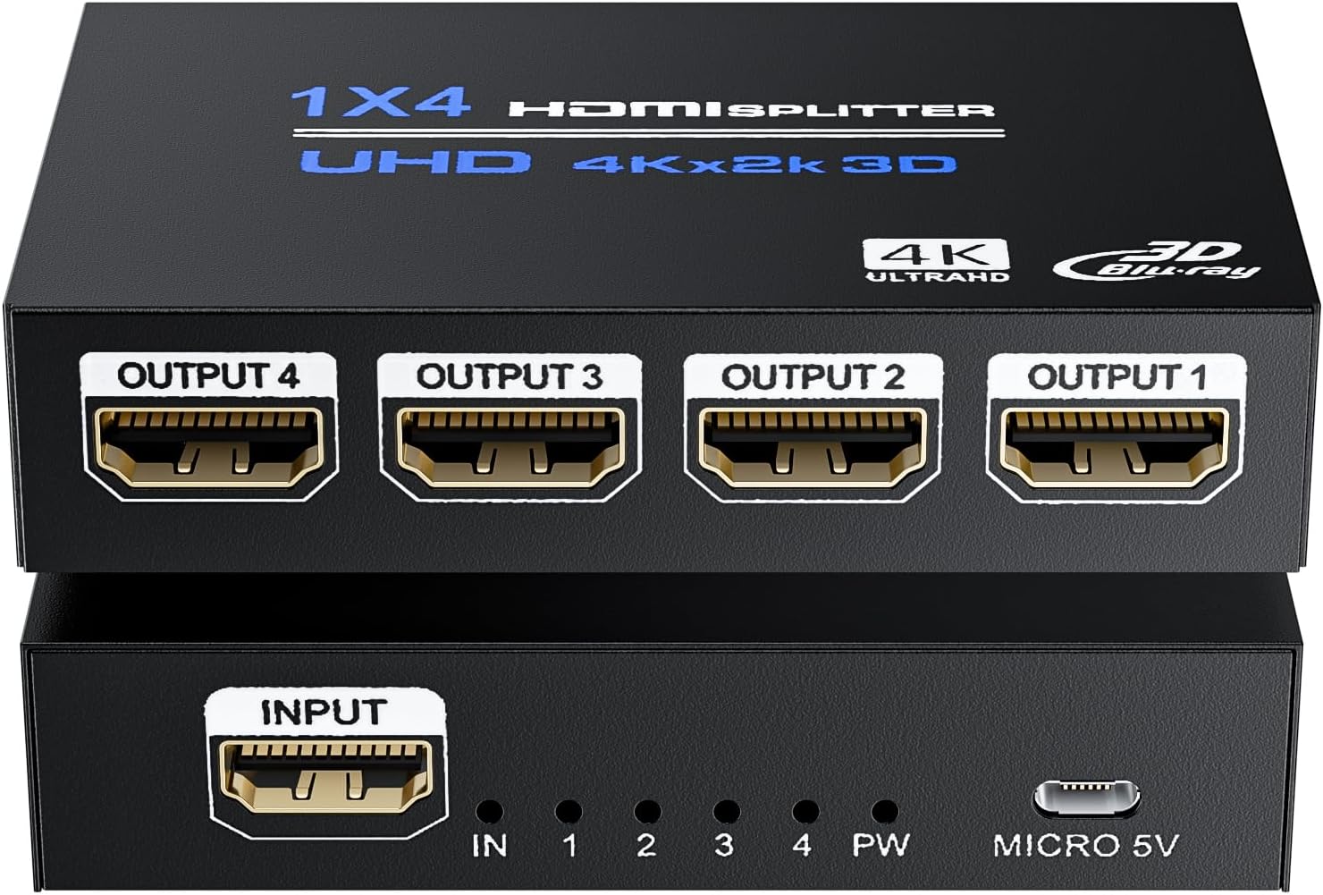 BolAAzuL 1x4 HDMI Splitter 4K 1 in 4 out HDMI Splitter' Hub Audio Video Distributor Box 4 Way HDMI Duplicator Adapter with Power for 4 Monitors Mirror Display Multi-Screen for TV PS3 PC DVD Projector