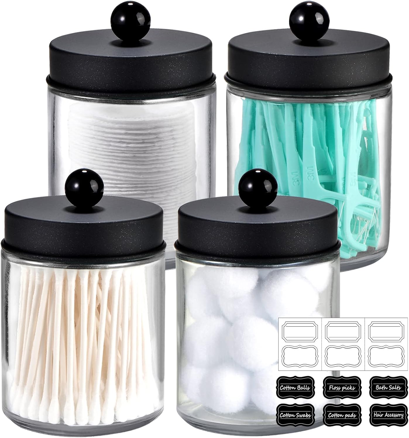 Amolliar 4 Pack Apothecary Jars Bathroom Vanity Storage Organizer Set -Countertop Canister with Stainless Steel Lids &Cute Stickers - Qtip Dispenser Holder for Qtips,Cotton Swabs,Makeup Sponges(Black)