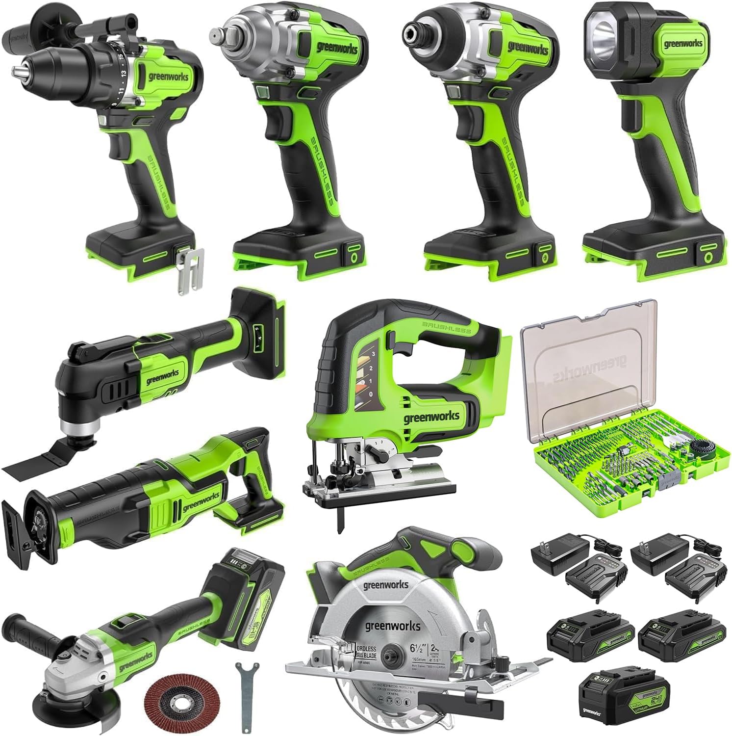 Greenworks 24V 10pcs Combo Kit,(2) Batteries & (2) Chargers. 800in/lb Drill&Impact Driver with Bits,Wrench, Multi-tool, Reciprocating Saw&Jigsaw, Circular saw, Angle Grinder and Flashlight