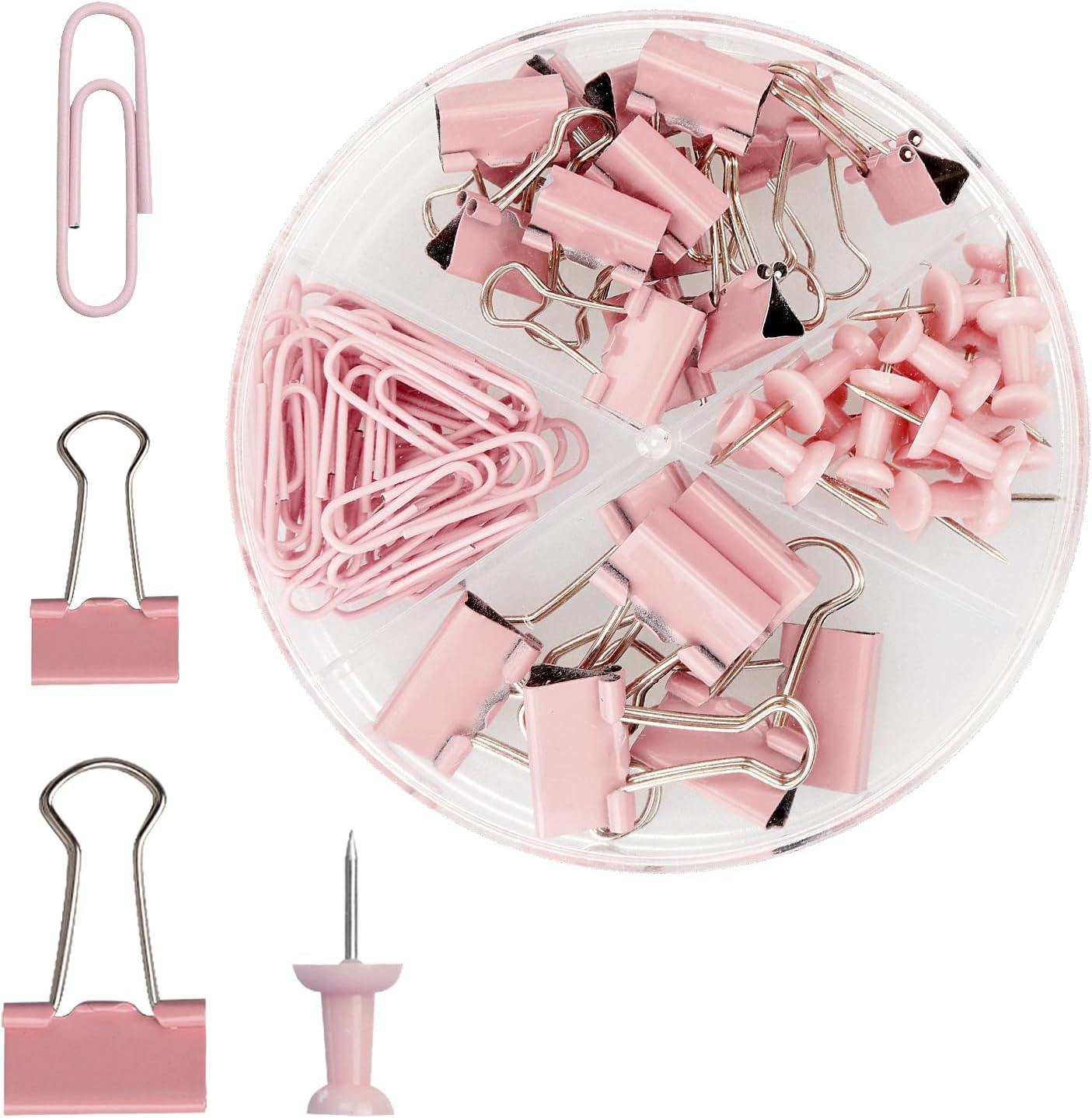 Rumyve 72PCS Binder Clips and Push Pins Set - Office Supplies Kit with Storage Box, Ideal for Home, School, and Office Use(Pink)