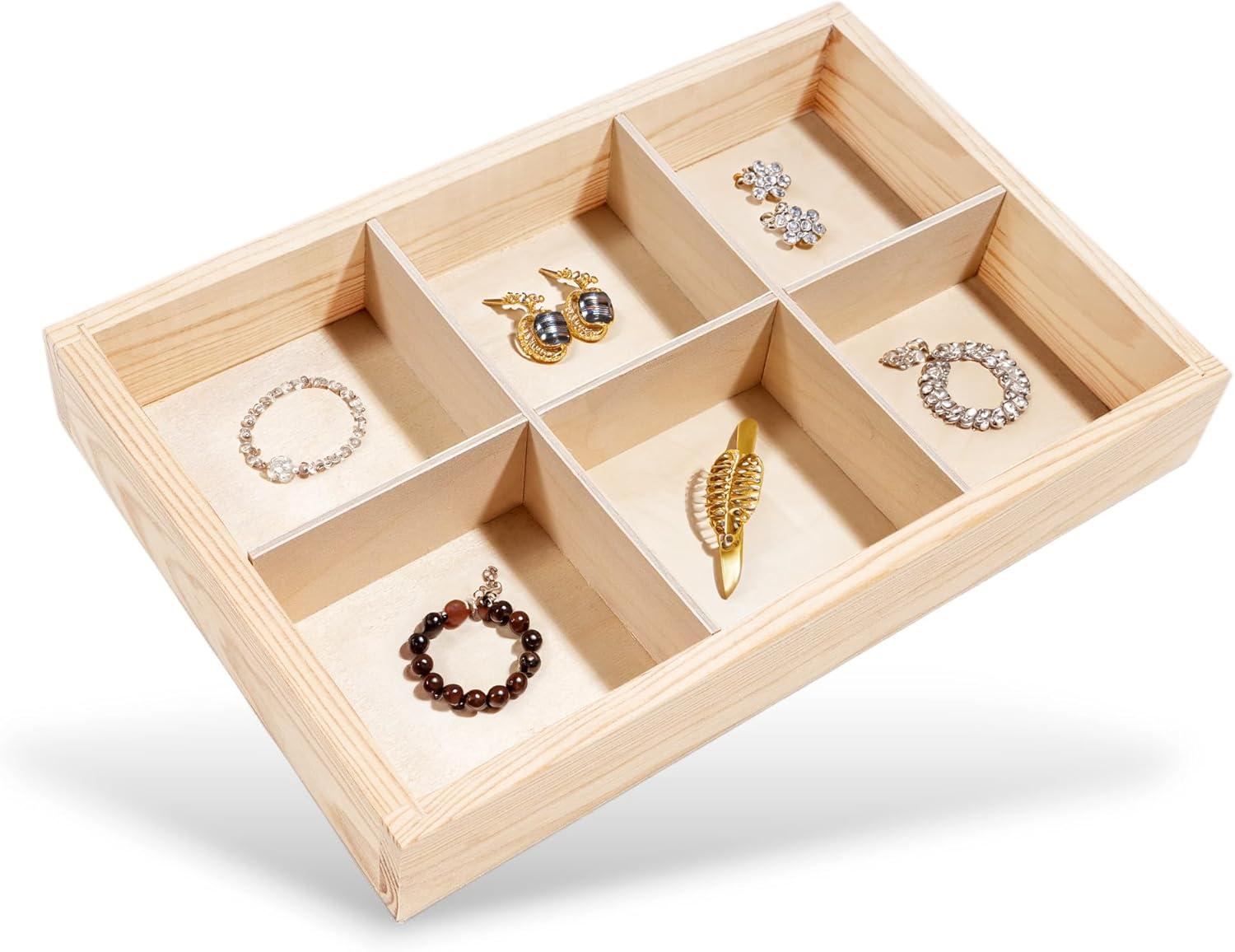 Creative Deco Small Wooden Tray Display | 6 Compartments | Jewellery Box Cabinet Drawer & Desk Organiser | Shelf Storage | 27.5x18x4cm | Rectangular & Unpainted | for Office Kitchen Bedroom Décor