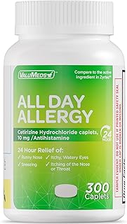 ValuMeds 24-Hour Allergy Medicine (300-Count) Antihistamine for Pollen, Hay Fever, Dry, Itchy Eyes, Allergies | Cetirizine HCl 10mg Caplets, Compare to Zyrtec