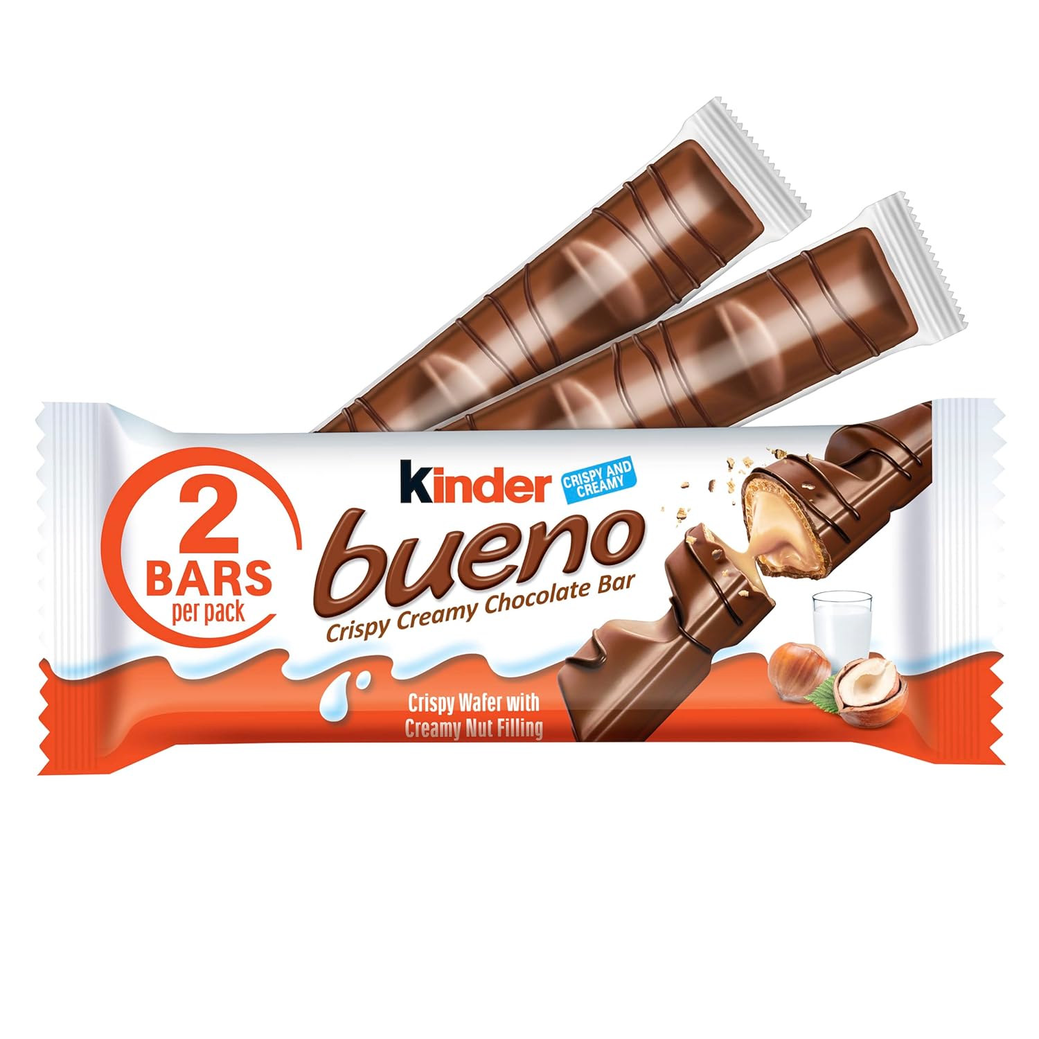 Kinder Bueno Milk Chocolate and Hazelnut Cream Candy Bar, 2 Kinder Bueno Bars per Pack