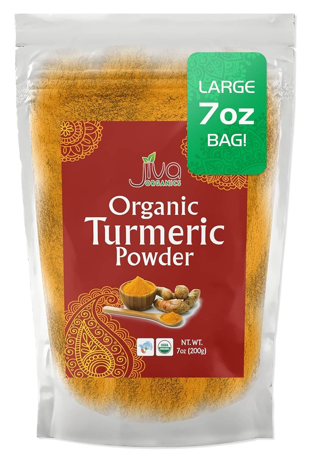 Jiva Organic Turmeric Powder 7 oz - Packaged in Resealable Bag, 100% Raw with Tumeric Powdered Organic, Turmeric Curcumin Powder, Origins from India