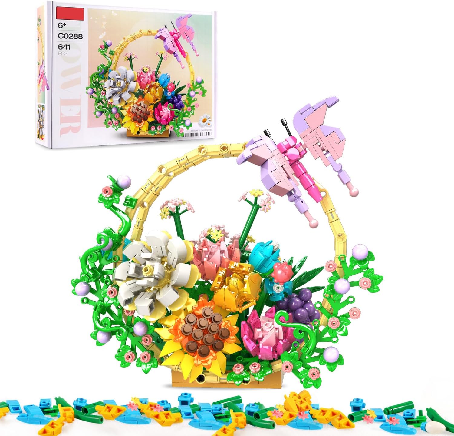 SIENON Flower Bouquet Building Set, Artificial Flowers Bonsai Basket Building Toy, Unique Home Wall Decor-Flowers Botanical Collection Building Kit Gift for Christmas Valentines Mother’s Day (641pcs)