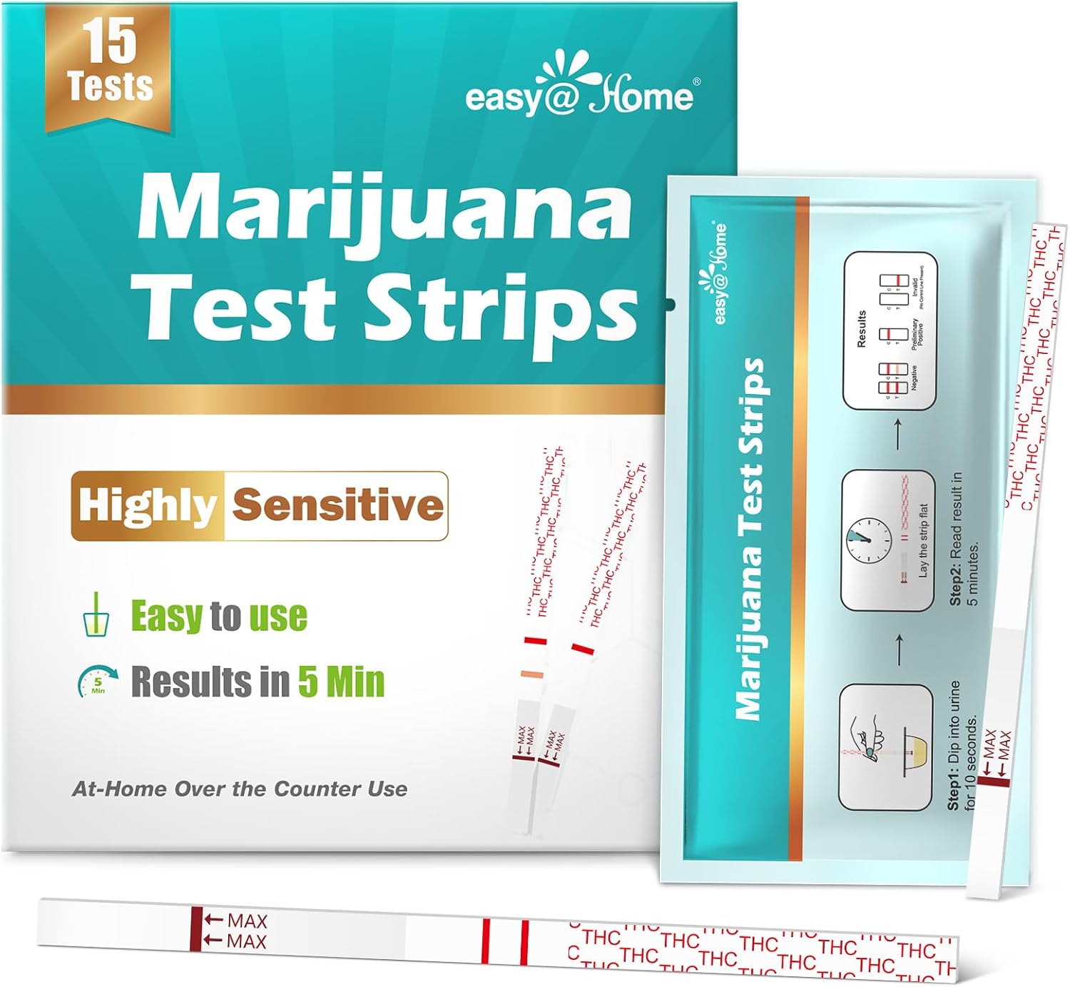 Easy@Home Marijuana Test Strips, 15 Pack Highly Sensitive THC Tests for Home Use, Drug Test Kit Marijuana Urine Screen Test, at Home THC Drug Test with Cut-Off Level 50ng/mL, THC Test Strip #ESTH-115