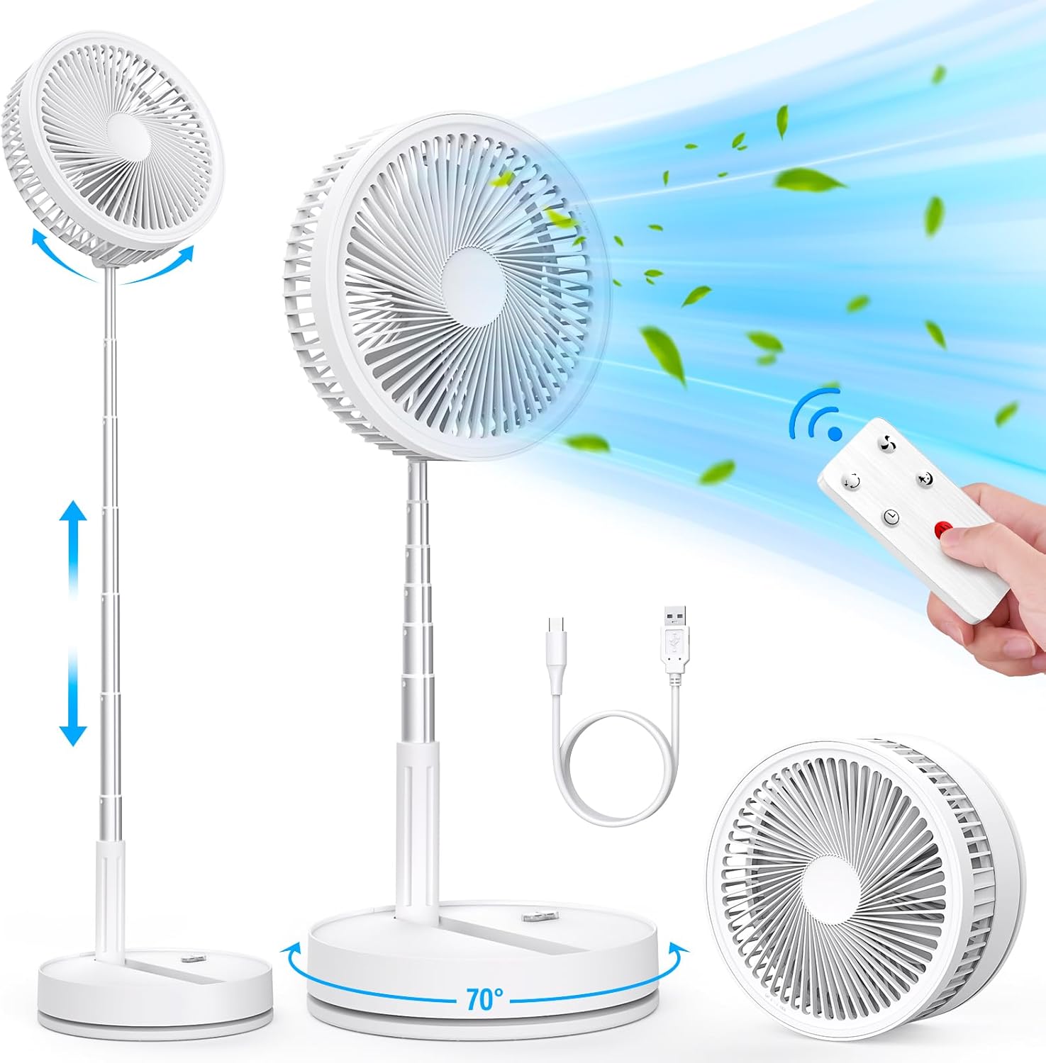 LBSTP Portable Standing Fan with Remote Control, 9 Inch Foldable Pedestal Fans, 7200mAh Rechargeable Battery USB Powered Floor Fan, Height Adjustable, 4 Speeds, Quiet Camping Desk for Bedroom