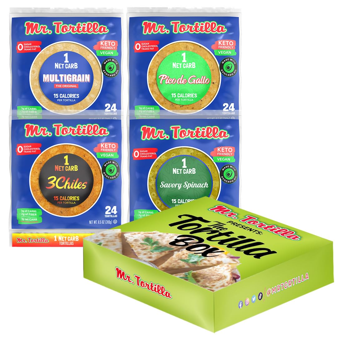 Mr. Tortilla Low Carb Tortilla Wraps - Keto Tortillas with Avocado Oil - Street Taco Size - 1 Net Carb per Serving - Low Calorie Keto Wraps - Low Carb Tortillas - (Variety Pack, 96 Count)
