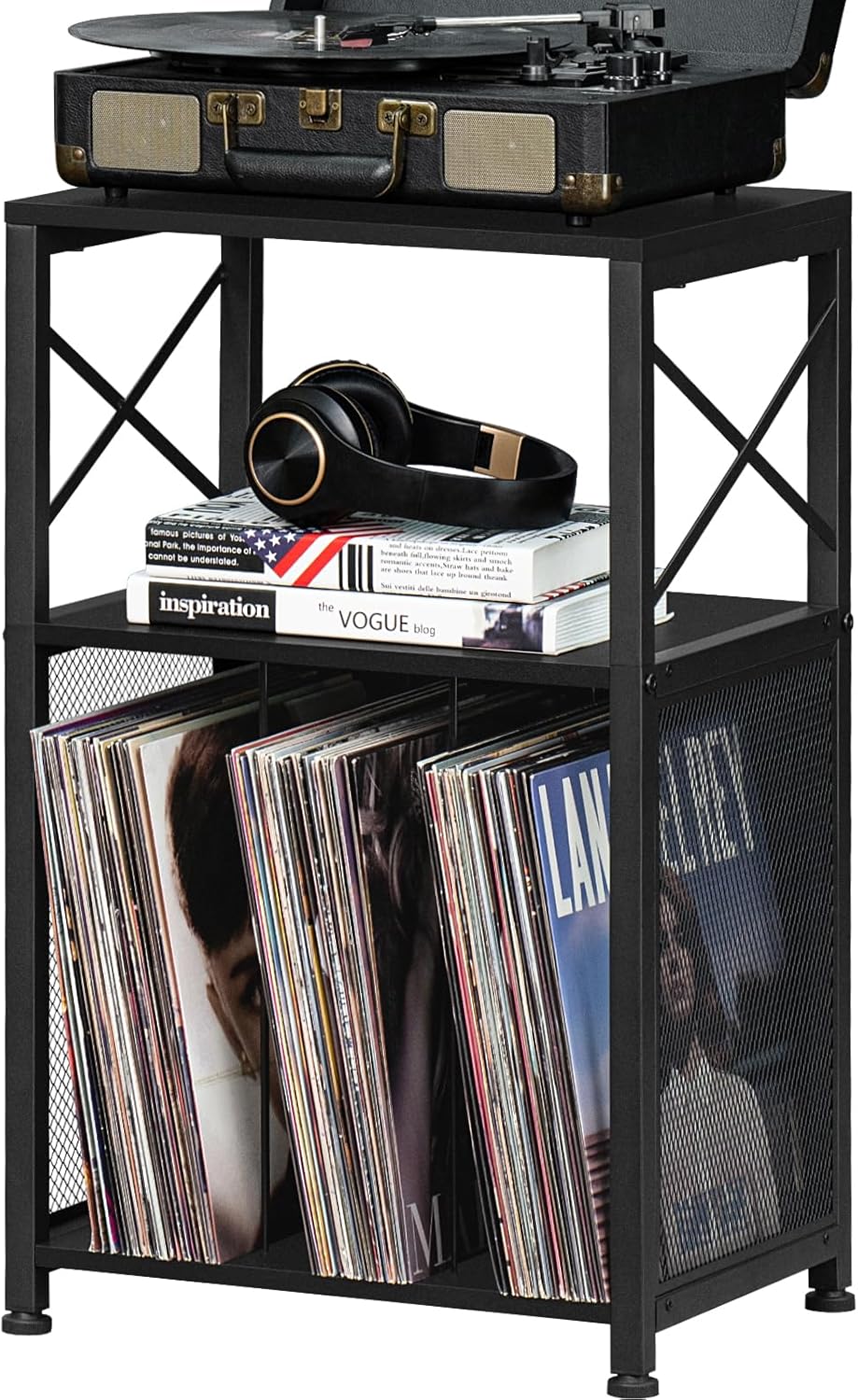 LELELINKY 3 Tier End Table, Side Table with Display Shelf, Black Vinyl Record Player Stand with Albums Storage, Industrial Sofa Bedside Table Night Stand for Living Room Bedroom Small Spaces