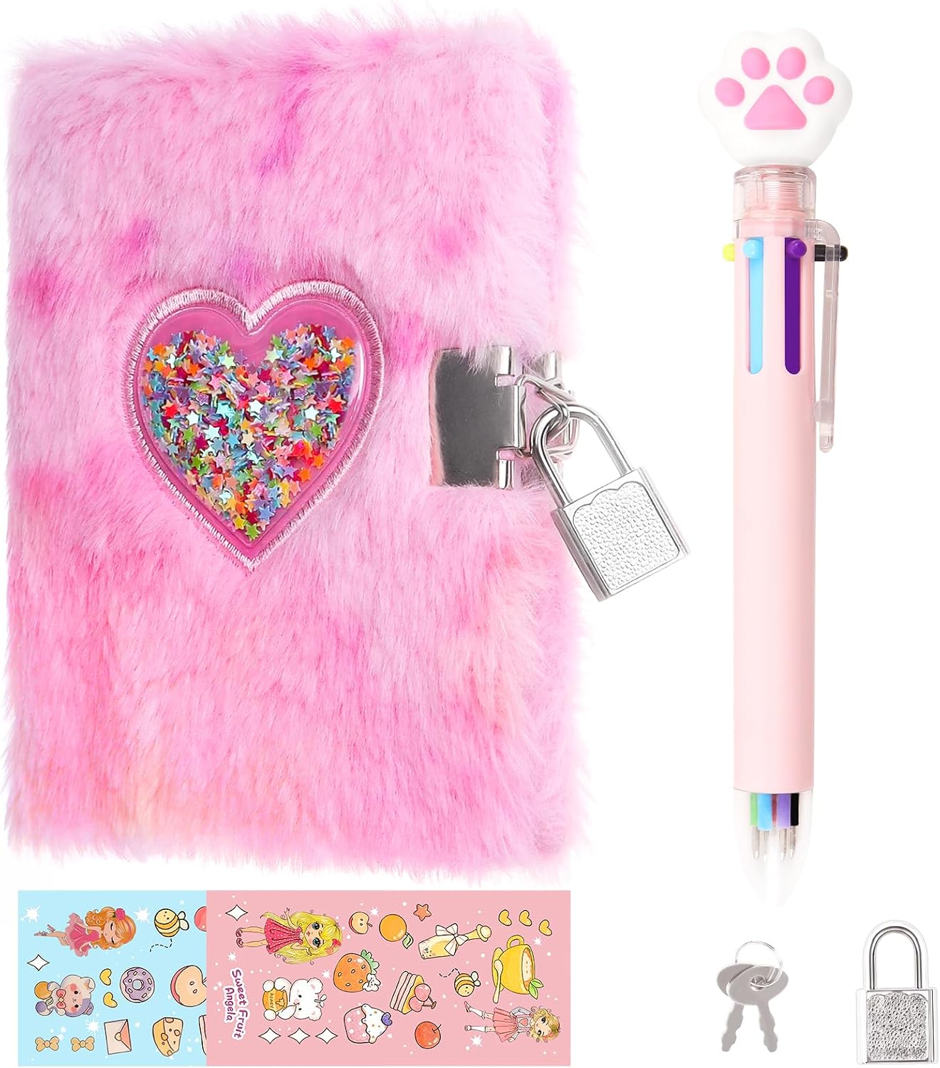 MINI Heart Diary for Girls with Lock and Keys, 4.7x6.1in Cute Plush Diary Secret Diary, Writing Journal Lined Pages Notebook Sequined Design Birthday Gift Set for Kids ages 6-8