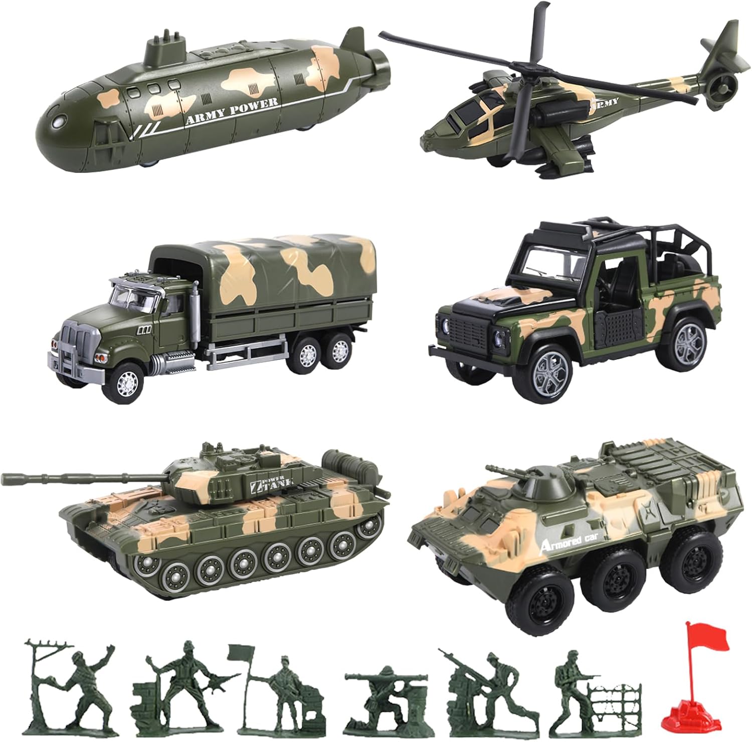OTONOPI Military Vehicle Set Assorted Army Model Car Helicopter Submarine Tank Armored Car Panzer Transport Truck with Army Men Action Figures Soldiers Die Cast Alloy Metal Pull Back Toys for Kids