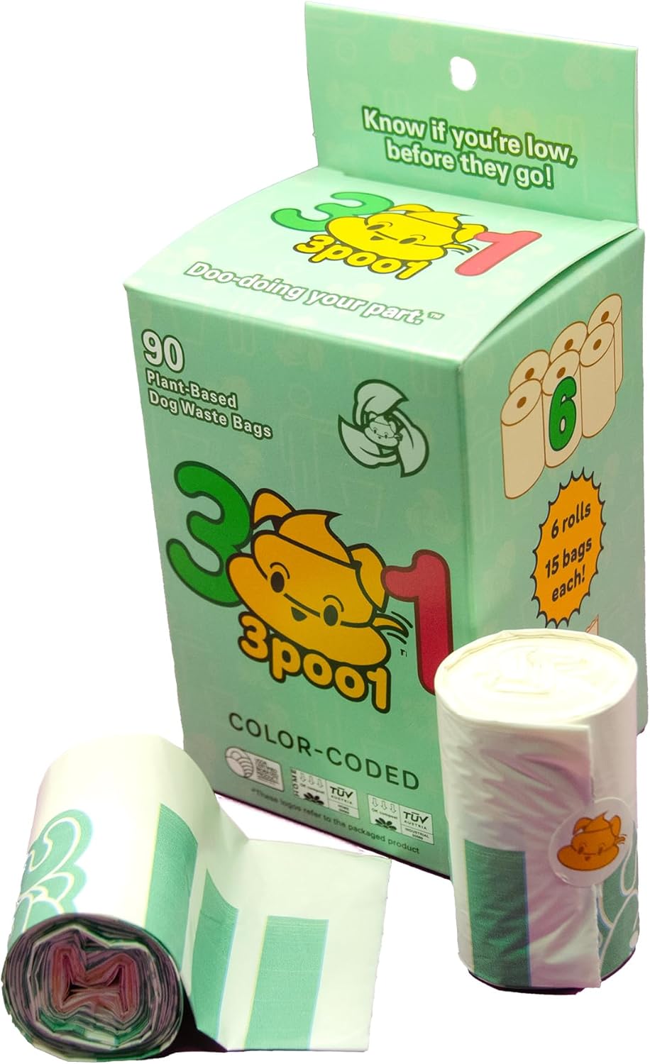 Color-Coded Dog Poop Bags - Made From Certified Compostable Plant-Based Materials - Eco-Friendly, Strong and Extra Thick - 90 bags (6 rolls)