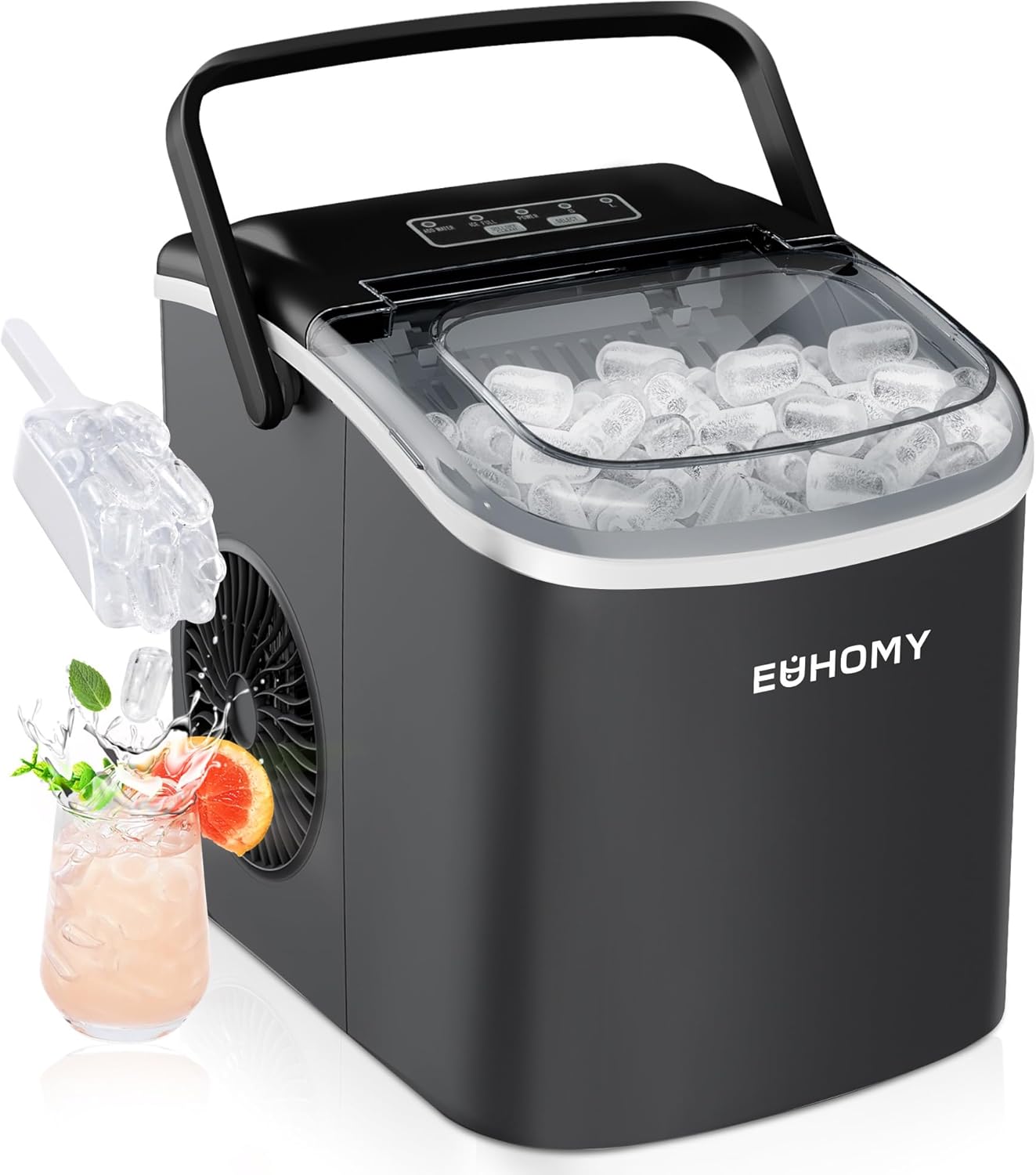 Euhomy Ice Maker Machine Countertop with Handle-12kg/24h, 9 Ice Cubes Ready in 6 Mins, Auto-Cleaning Portable Ice Maker with Basket and Scoop, for Home/Kitchen/Camping/RV.