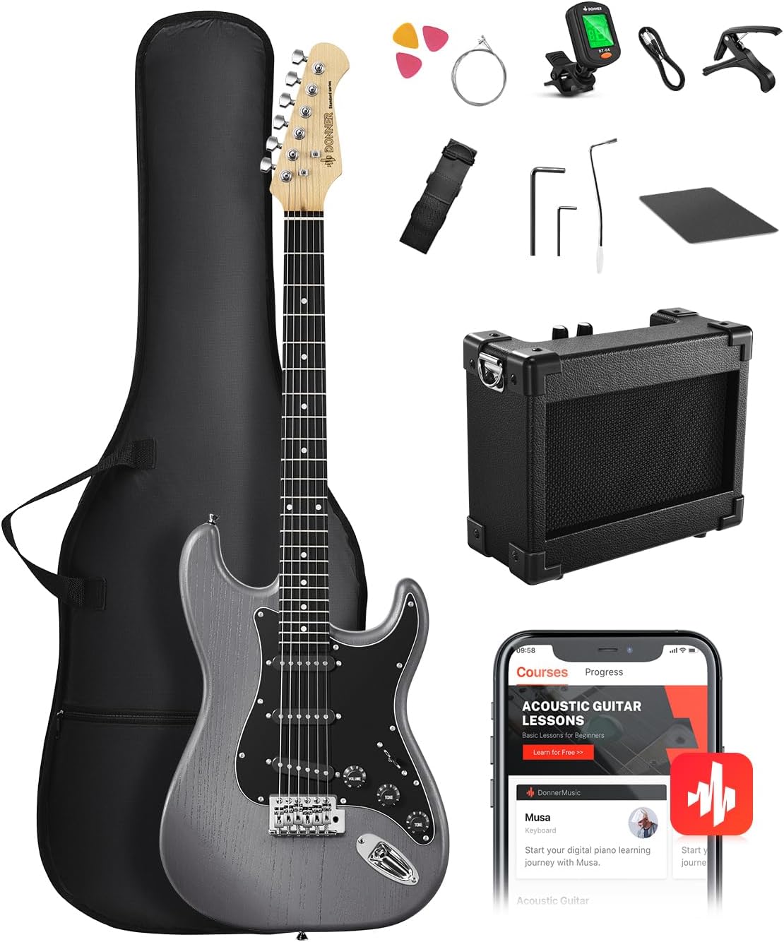DONNER DST-80 Electric Guitar 39” Beginner Electric Guitar Kit with Amp, Classic SSS Pickup Complete with Gig Bag, Tuner, Capo, Strap, Picks, and Free Online Lessons