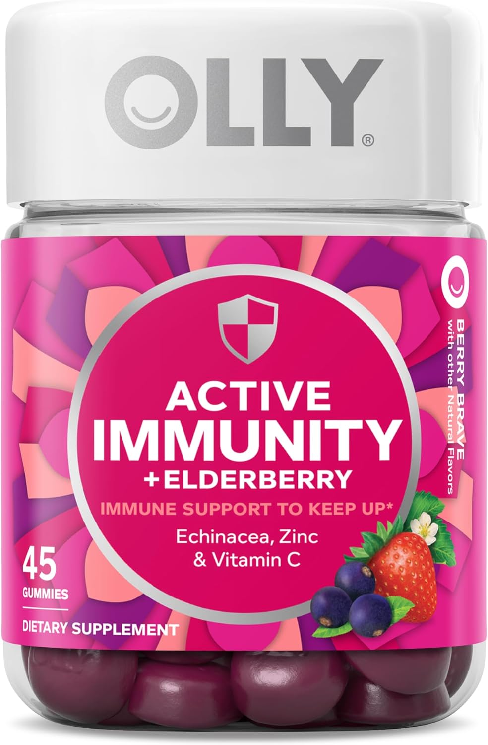 OLLY Immunity Gummy, Immune Support, Elderberry, Zinc, Vitamin C, Supplement, Berry Flavor, 15 Day Supply - 45 Count