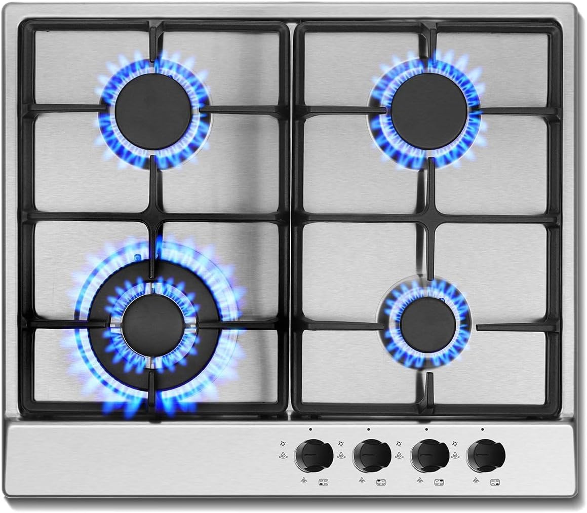 SNDOAS Gas Hob 4 Burners, NG/LPG Convertible, Built-in Stainless Steel Cooktop with Flame Failure Protection, Cast Iron Pan Support, 8060W