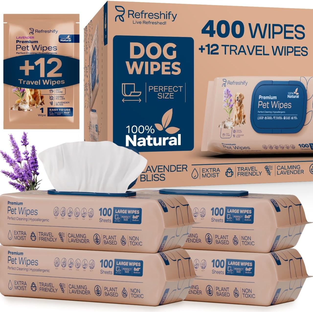 Pet Wipes for Dogs and Cats Plant Based – Lavendar Scented (Pack of 400) Dog Wipes for Paws and Butt - Deodorizing Non Toxic Dog Wipes, +12 Additional Travel Wipes