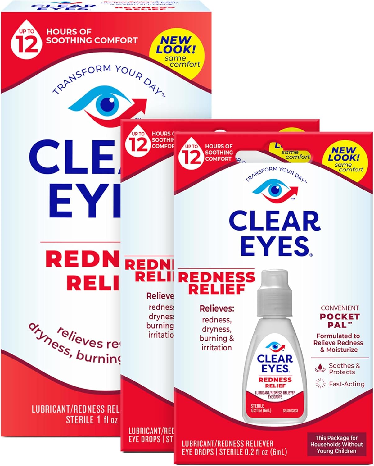 Clear Eyes Redness Eye Relief Eye Drops, One 1.0 Fl Oz and 2 Pocket Pals 0.2 Fl Oz