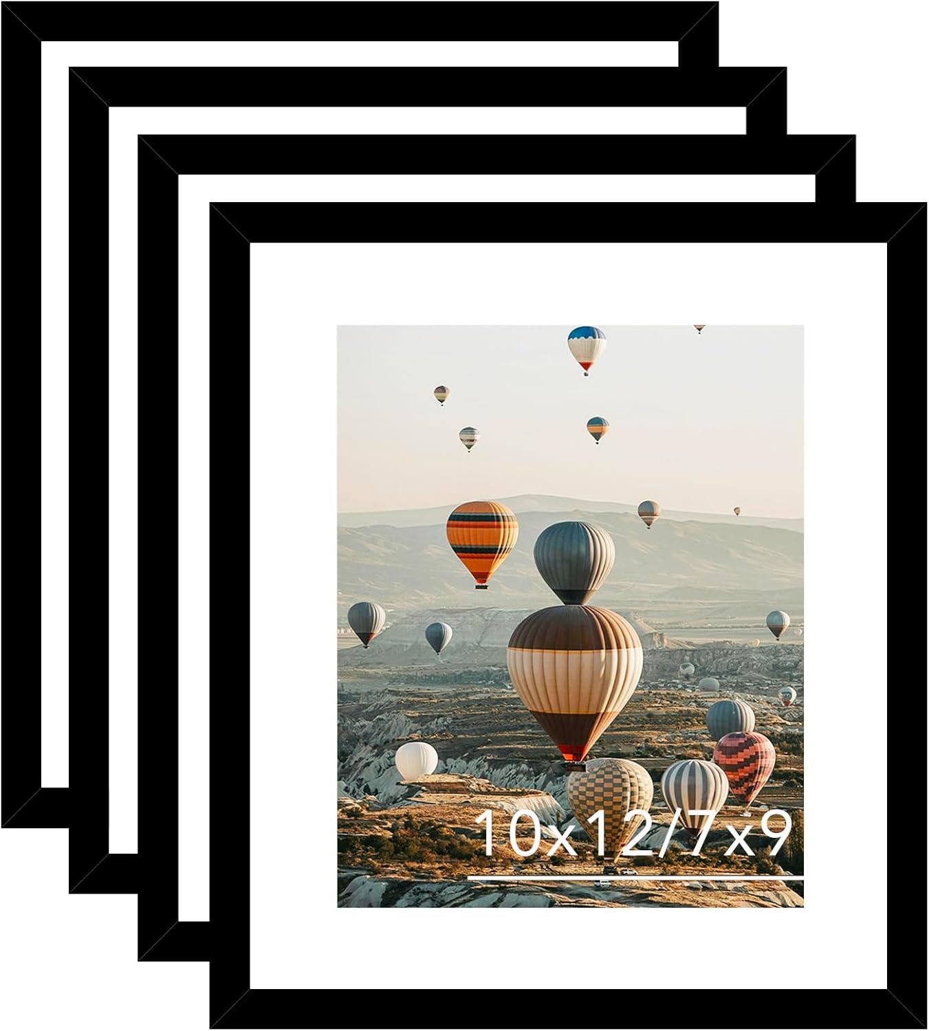 10x12 Picture Frame with Mat, Display 7x9 with Mat or 10 x 12 without Mat, Wood 10 by 12 Photo Frames for Wall Hanging or Tabletop, 4 Pack, Black