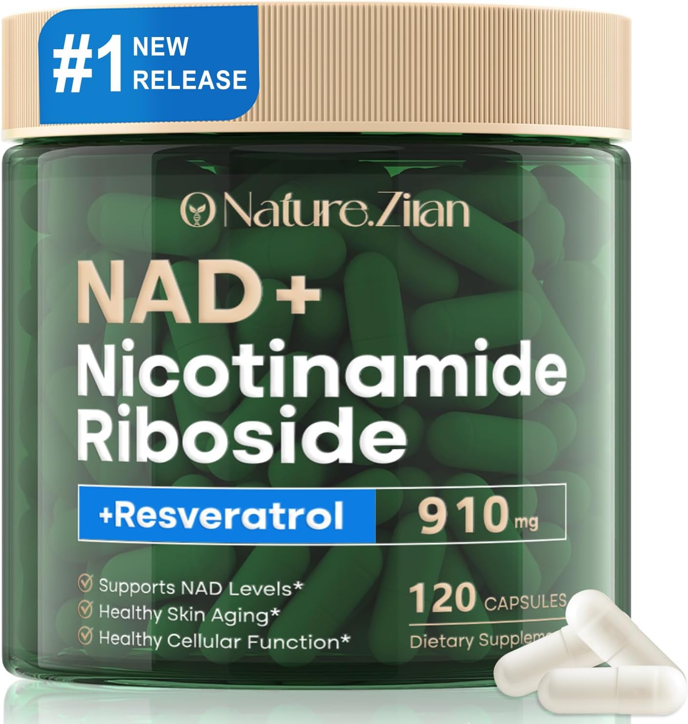 NAD Supplement, NAD Nicotinamide Riboside 910 Mg for Men and Women, Liposomal Nicotinamide Riboside Resveratrol, for Anti-Aging, Energy, Focus, Boost NAD+ - 120 Capsules
