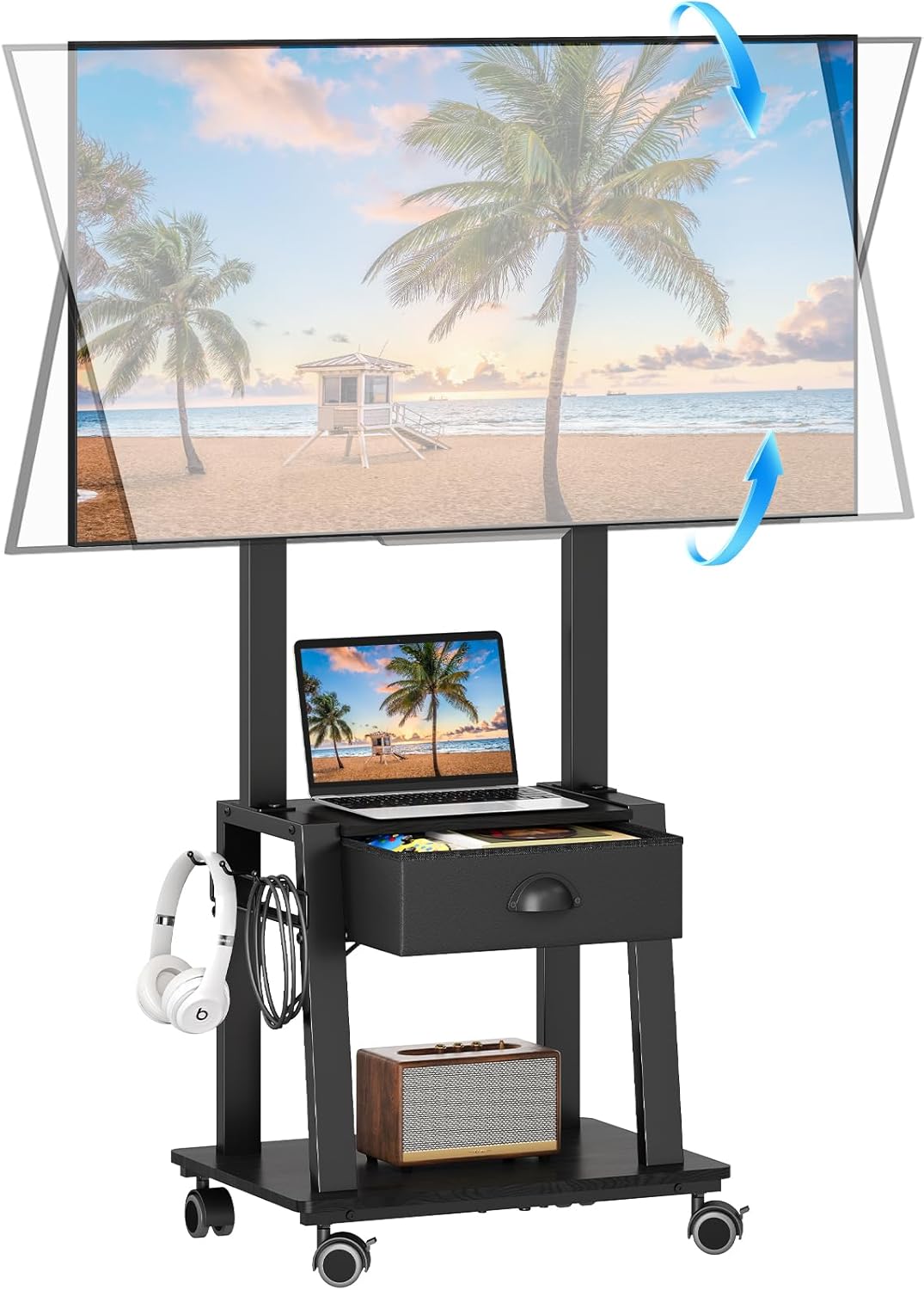 Mobile TV Stand with Drawer for 23-60 Inch Flat/Curved Screen,Tilt Rolling TV Cart on Wheels with 2 Shelves Adjustable Height Portable TV Stand Holds up to 50 lbs for Indoor Outdoor Max VESA 400x400mm