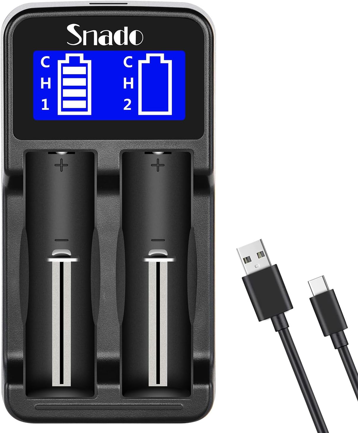 Intelligent Charger, Snado LCD Display Universal Smart Charger for Rechargeable Li-ion Batteries 18650 18490 18350 17670 17500 16340 14500, Ni-MH/Ni-Cd A AA AAA Batteries (2 Slots)