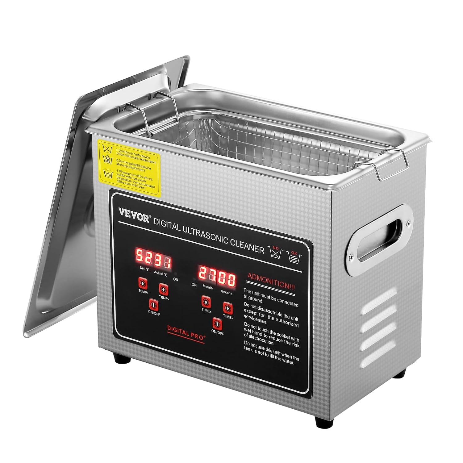 VEVOR Ultrasonic Cleaning Machine with Digital Timer & Heater, Professional Jewelry Cleaner, Stainless Steel Heated Cleaning Machine for Glasses Watch Rings Small Parts Circuit Board (3L)