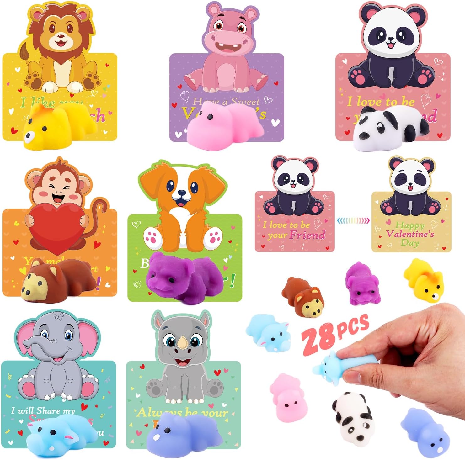 Valentines Day Gifts for Kids, 28 Pack Mochi Squishy Toys with Valentines Day Cards for Kids, 3D Changing Face Moving Cards, Valentines Day Exchange Cards Mini Animal Stress Relief Toy Party Favors