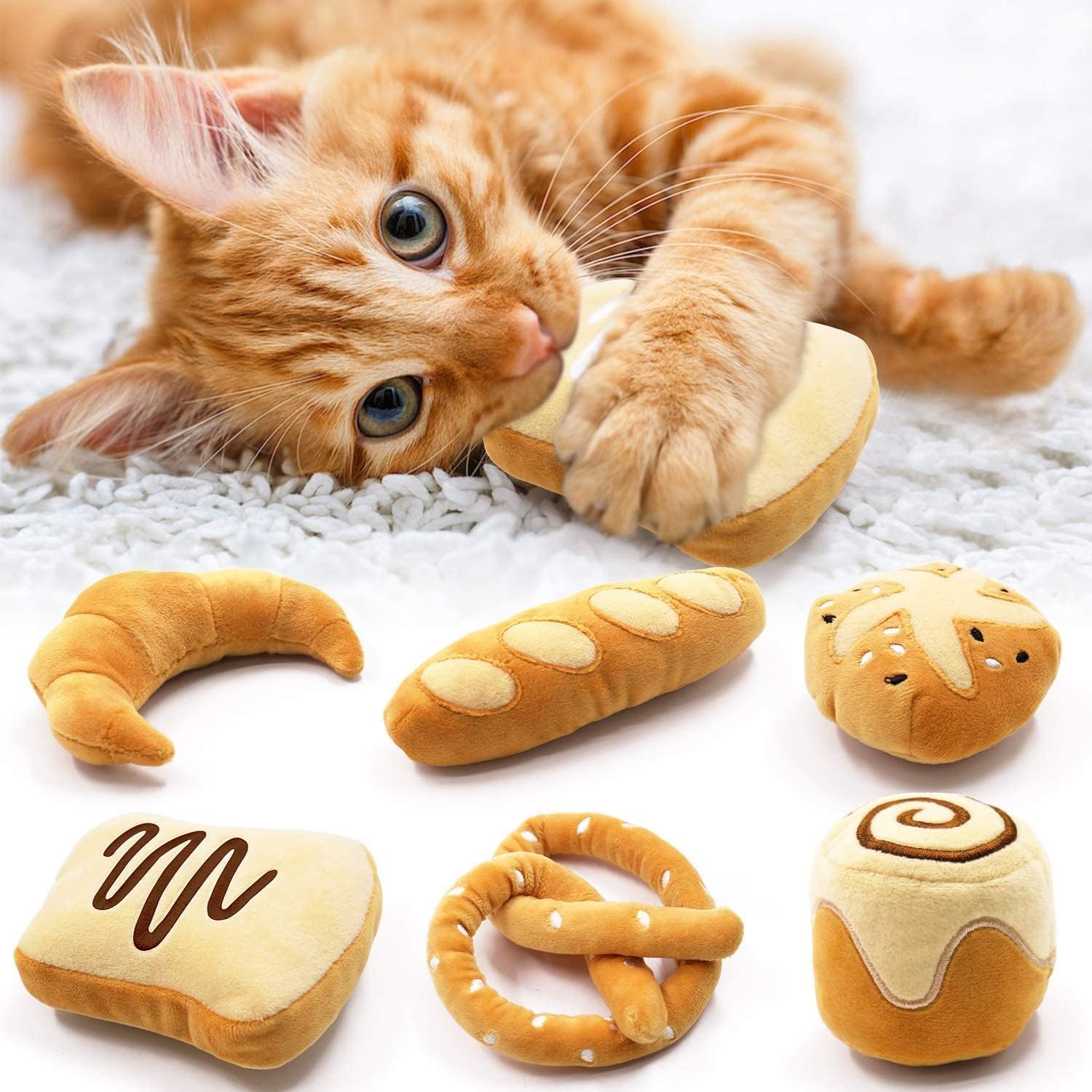 CiyvoLyeen SEGMINISMART Bread Catnip Toys Chew Interactive Toy for Cat Lover Gift Indoor Cat Kitty Bite Toys Supplies Baguette Croissant Pretzel Toast Bun Cinnamon Roll Toys Set of 6