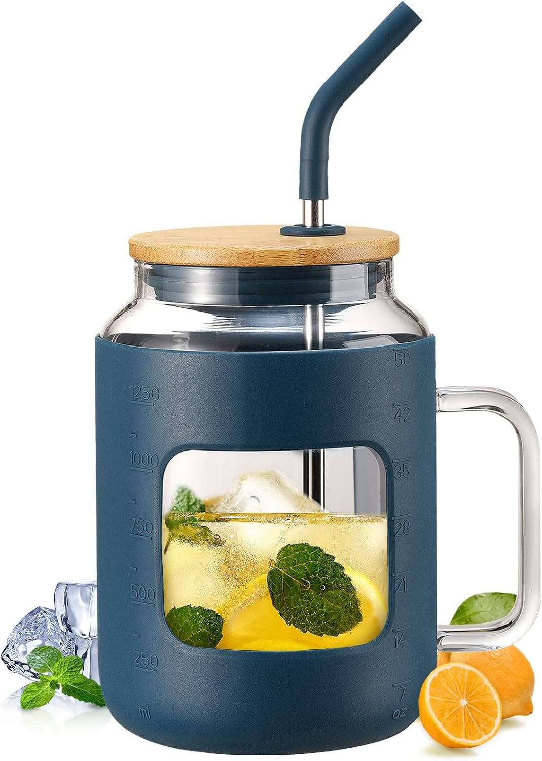 50 oz Glass Water Bottles with Silicone Sleeve,Glass Tumbler with Lid and Straw,Iced Coffee Cup with Handle,BPA Free-Blue