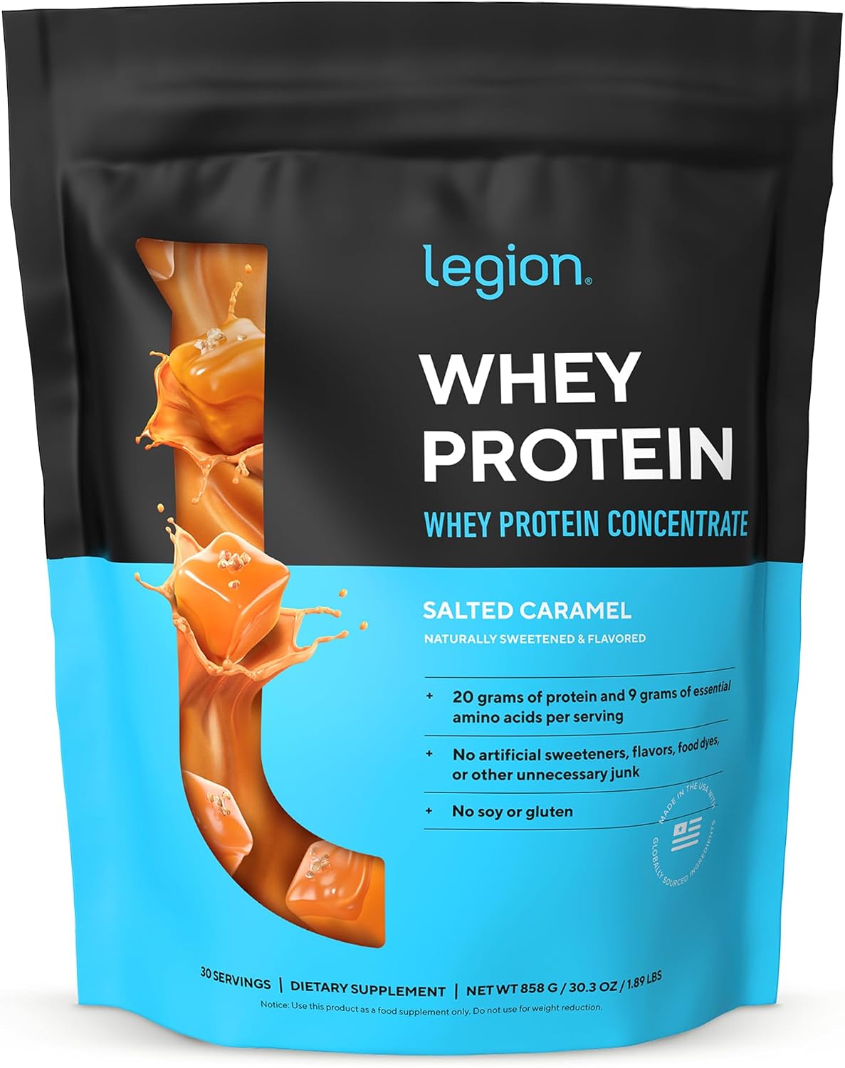 Legion Whey Concentrate Protein Powder, Salted Caramel, 30 Servings