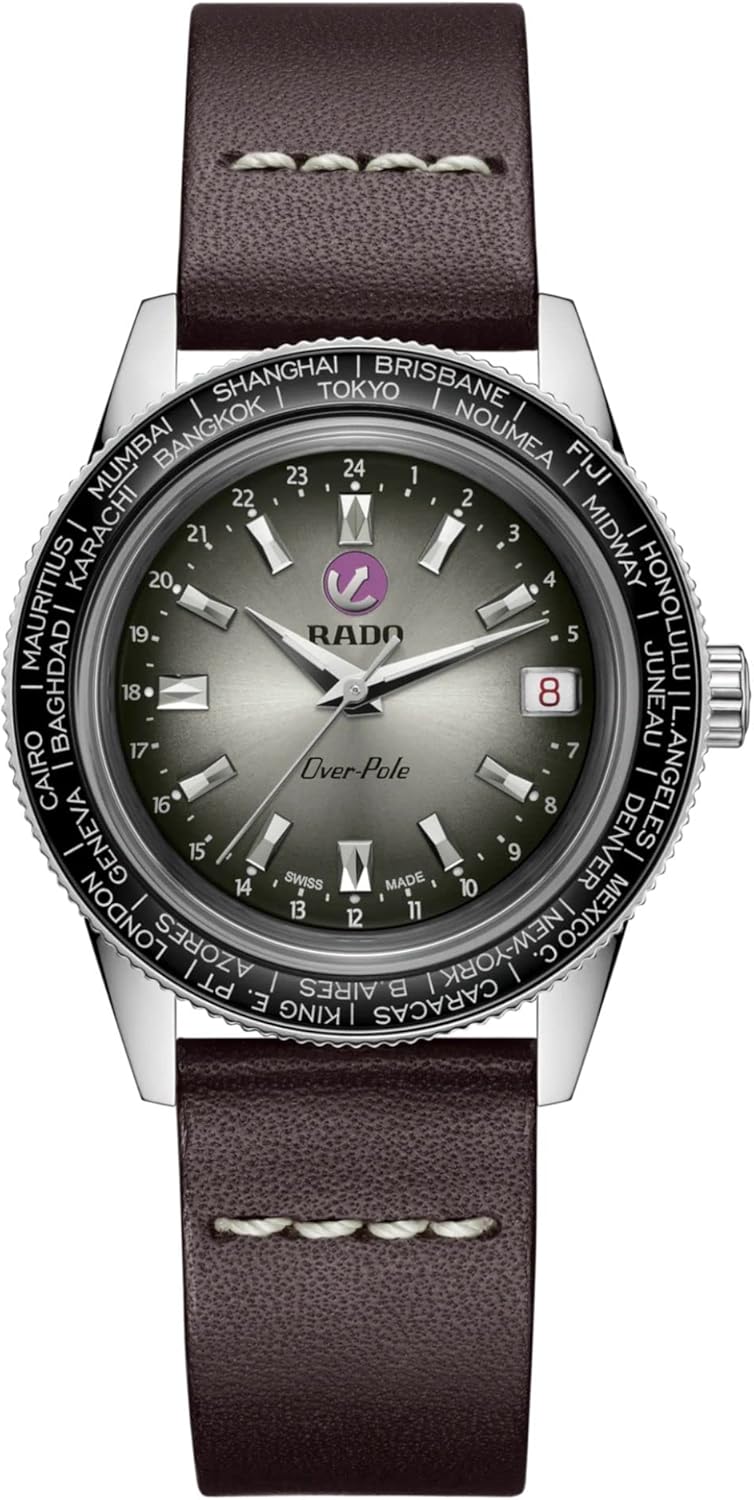Rado - Captain Cook Over-Pole - Men - Swiss Watch - Rotating Bezel with Some City Names Engraved - High-Tech Ceramic Bezel – 80 hours of Power Reserve – Includes a Brown case with a second stainless steel Bracelet with rice Grain Look - Handwinding – 37 mm