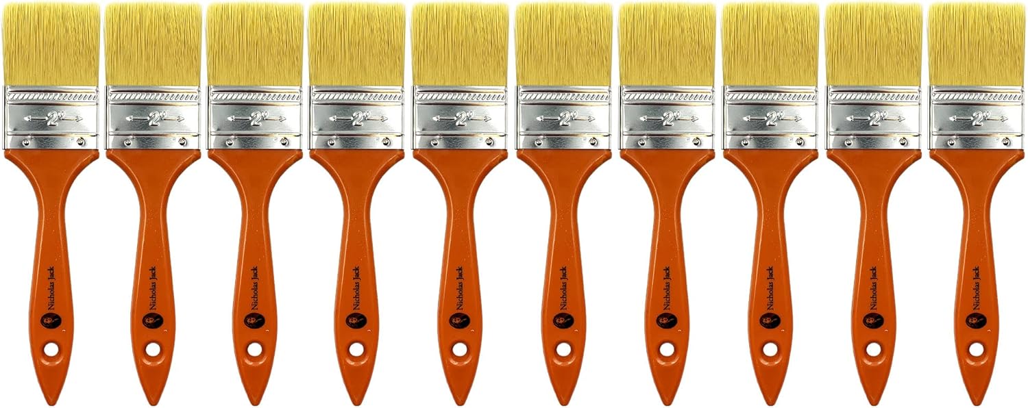 10 Pack Paint Brushes Ideal for Walls & Ceilings, Paint Brush Set with Synthetic Bristle Brush, Heavy-Duty Gloss Paint Brush for Fiberglass and Laminating (2 Inch)