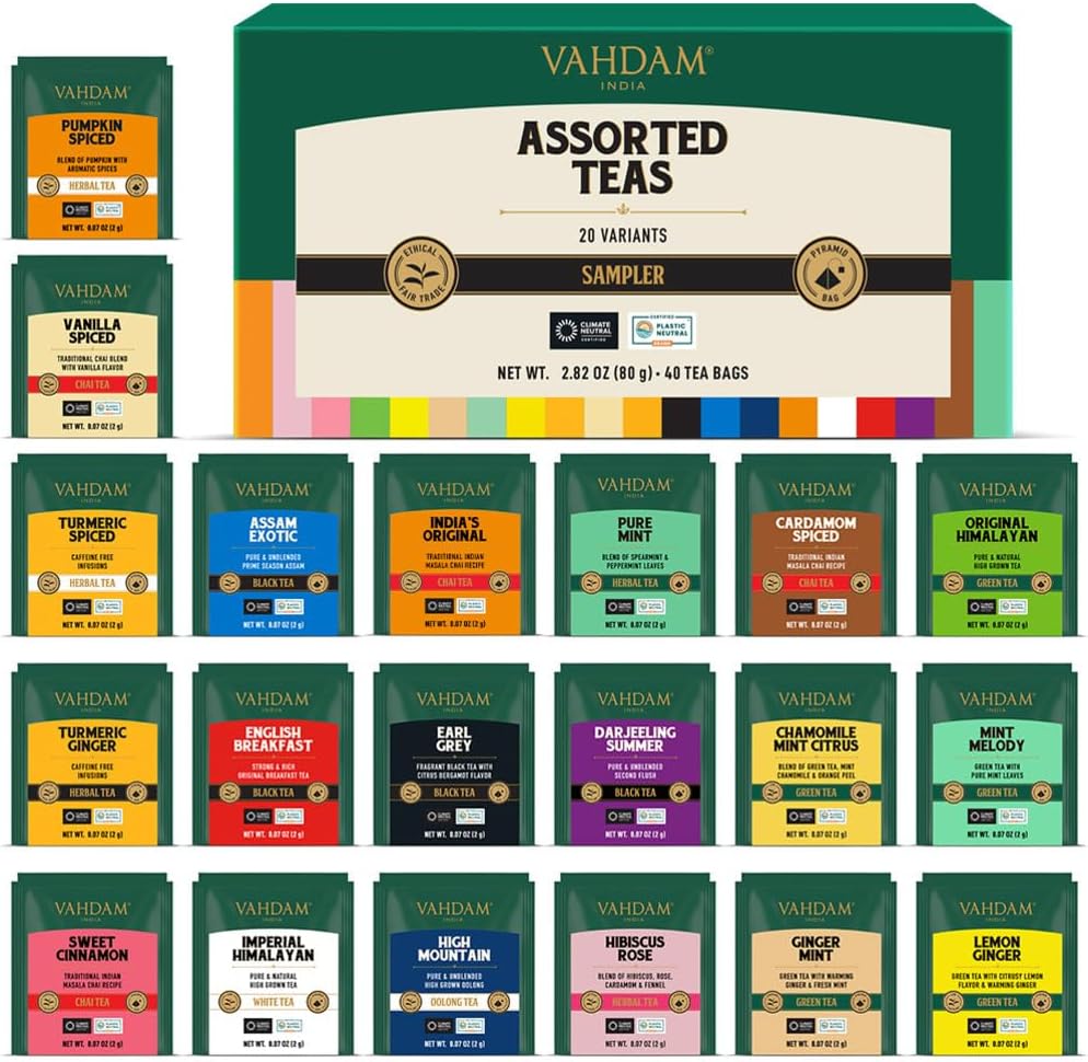 VAHDAM, Assorted Tea Sampler (20 Delicious Variety, 40 Individually Wrapped Pyramid Teabags) Long Leaf Premium Teas I Tea Gift Set I Gift Ideas for Lovers | Gifts for Him/Her