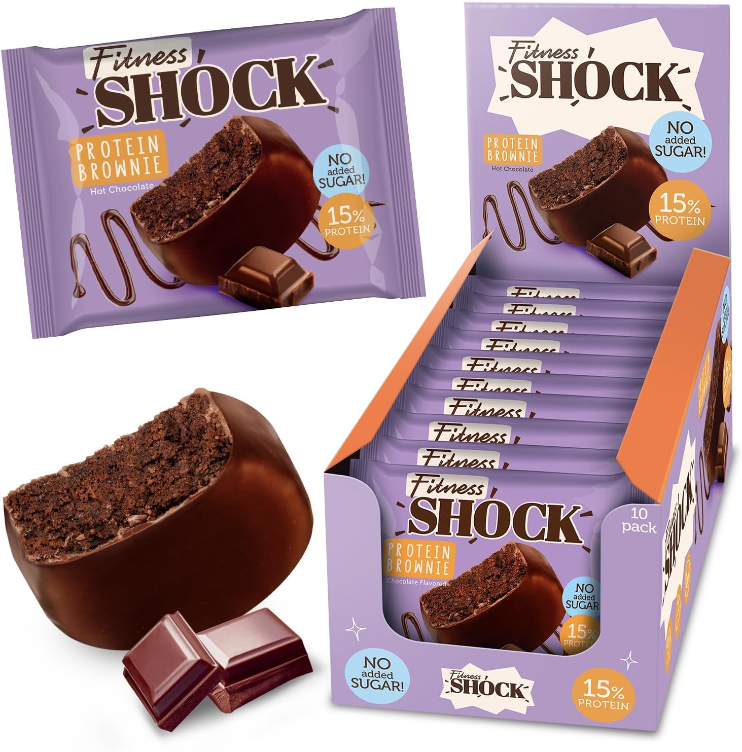 FitnesSHOCK Chocolate Brownie without Added Sugar, 15% Protein, satiating dietary fibre, Soft Texture, 10 Pieces, 50g