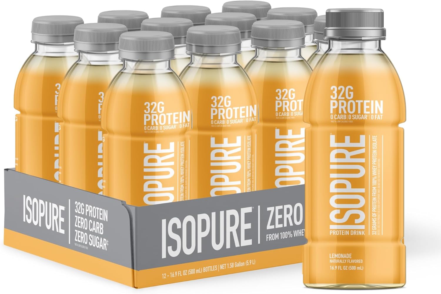 Isopure Zero Carb 32g Clear Protein Ready-to-Drink, Whey Protein Isolate, Lemonade, 12 Pack (Packaging May Vary)