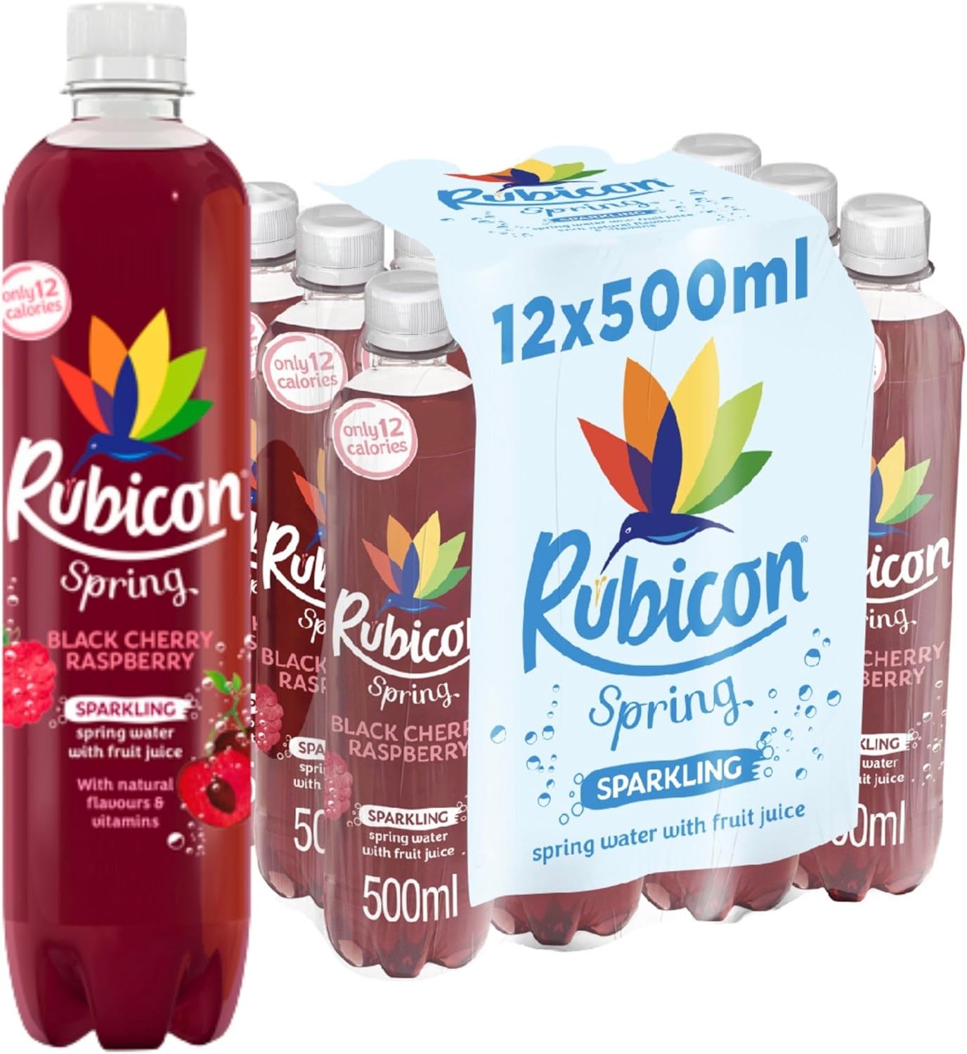 Rubicon Spring 12 Pack Black Cherry Raspberry, Sparkling Spring Water with Real Fruit Juice & Natural Flavours, Only 13 Calories - 12 x 500ml Multipack Bottles
