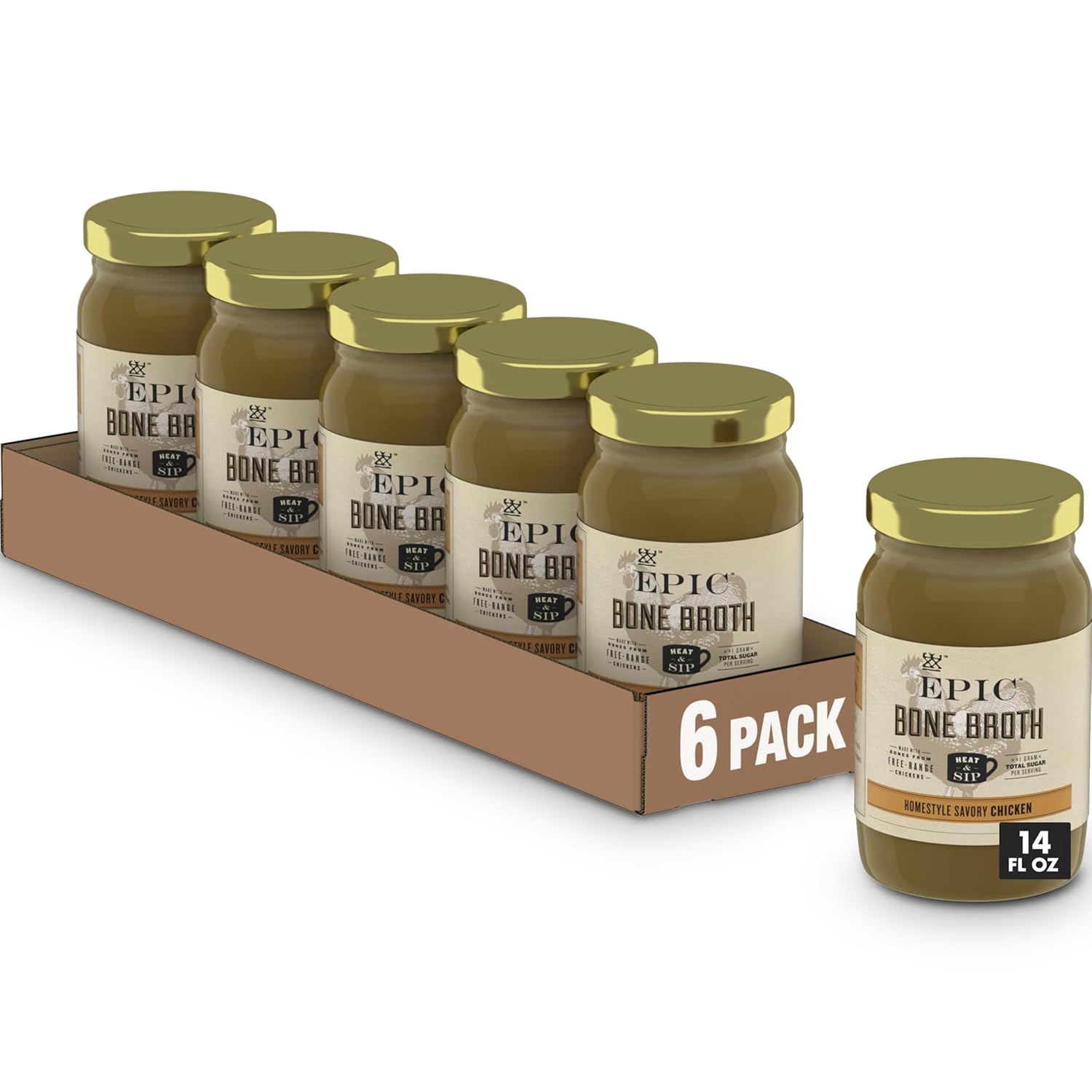 EPIC Bone Broth, Homestyle Savory Chicken, Keto and Paleo Friendly, Whole30 Approved, Gluten Free, 14 fl oz Jar (Pack of 6)