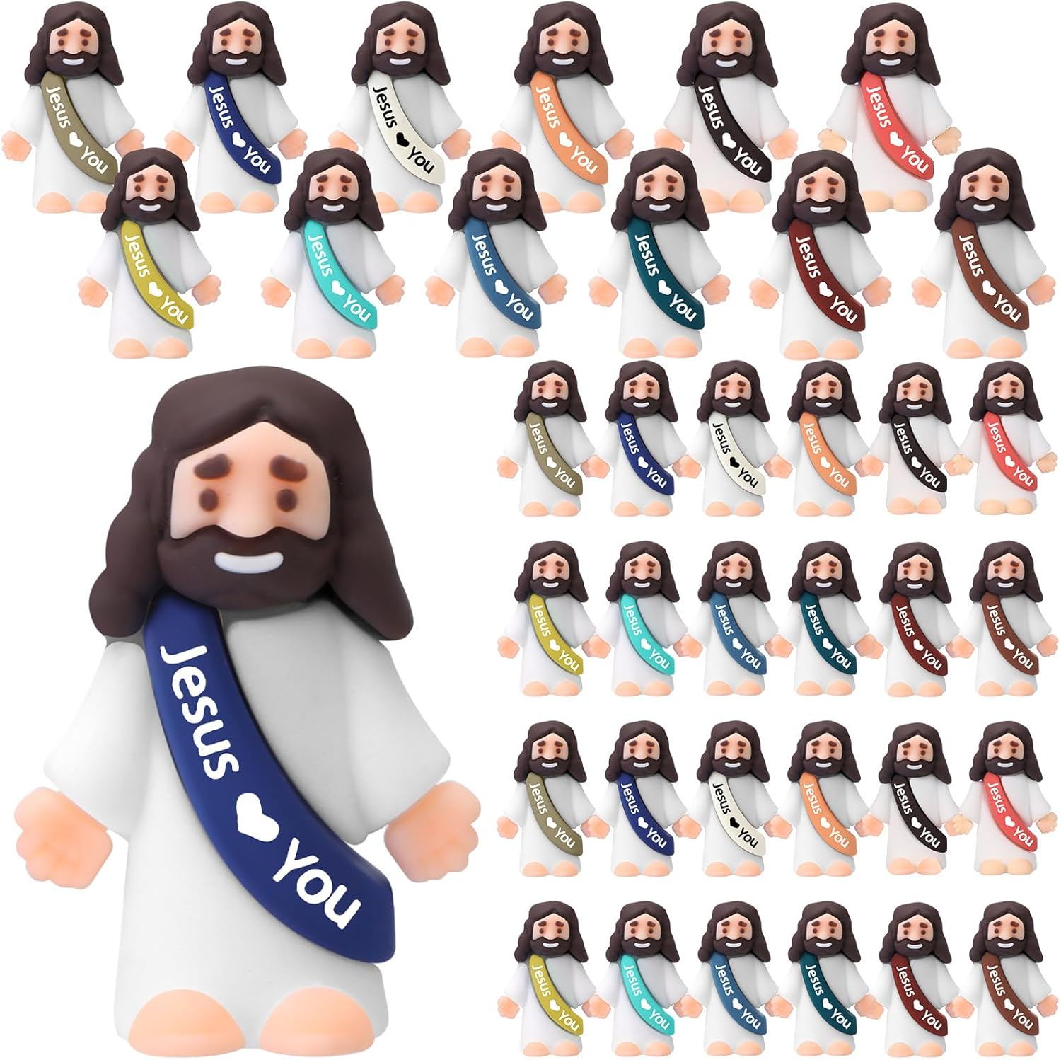 Bememo 25 Pcs Little Jesus Figures Original Design Jesus Love You Mini Rubber Toys to Hide and Seek Religious Party Favors Sunday School Baptism Gifts(Christian Colors)