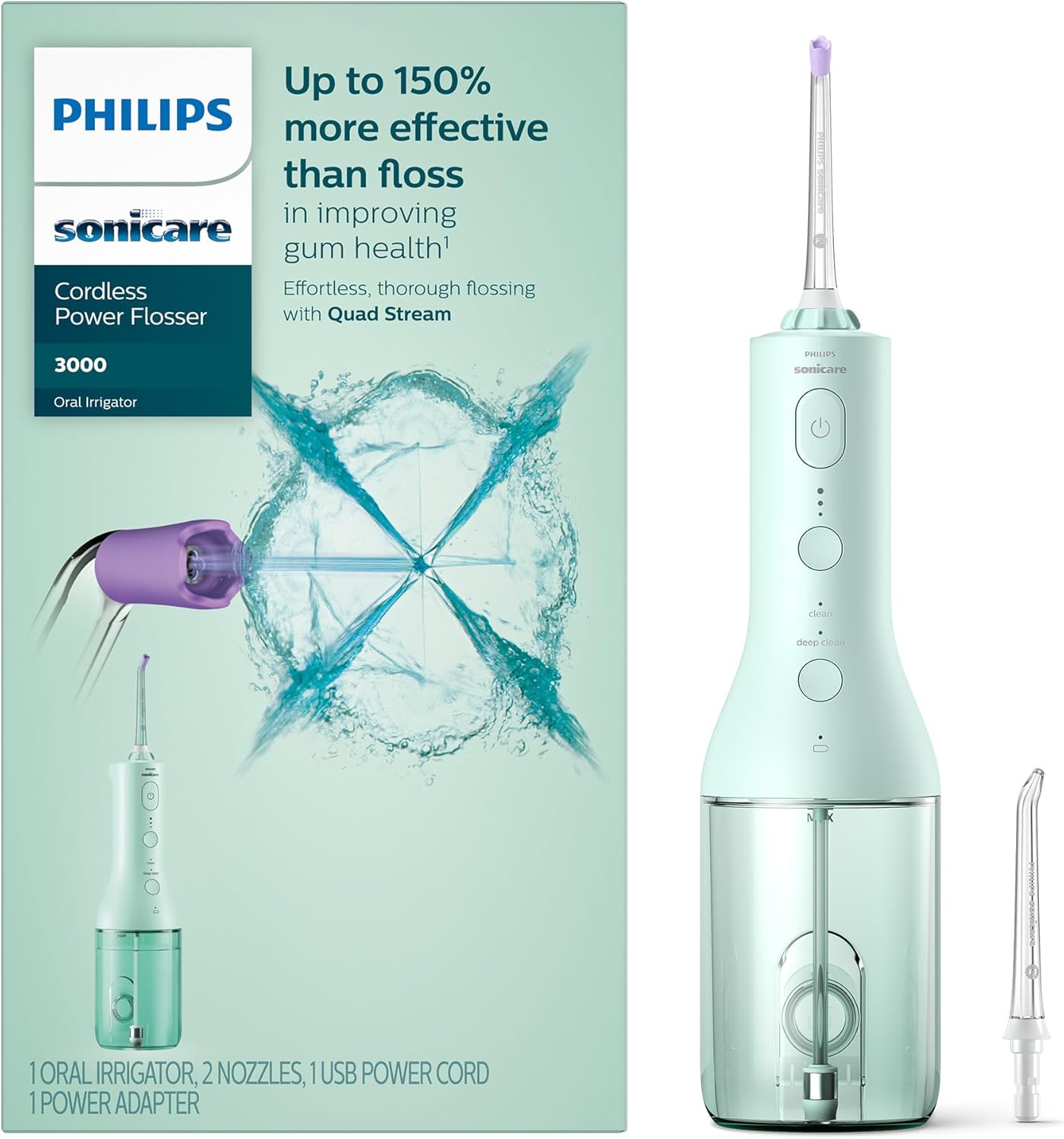 Philips Sonicare Cordless Power Flosser 3000, Water Flosser with Innovative Quad Stream Technology, Oral Irrigator with 2 Flossing Modes and 3 Intensity Levels, Ergonomic Design, Mint, HX3826/24