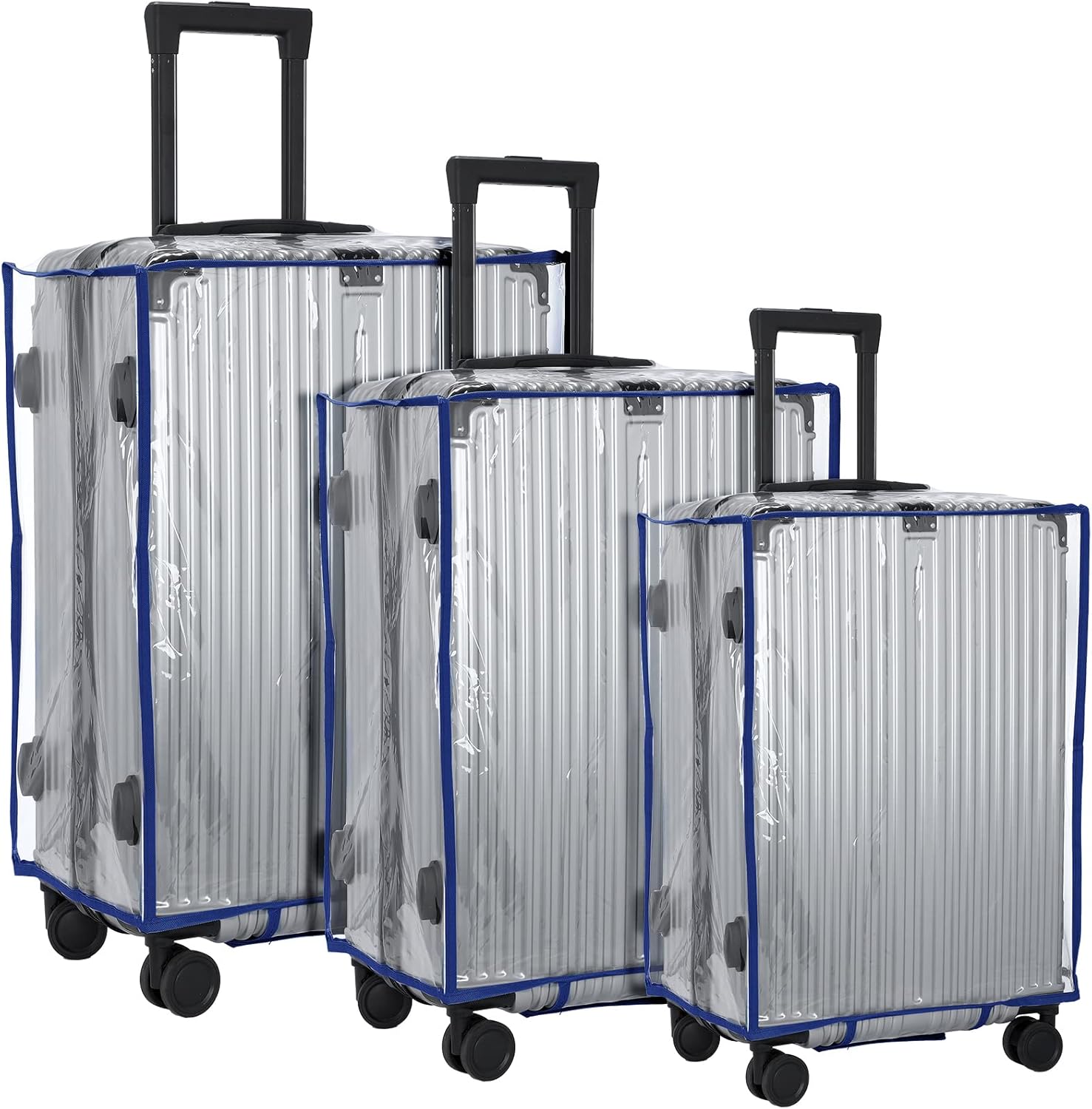 3 Pcs PVC Luggage Cover Waterproof Transparent Suitcase Cover Thicken Luggage Protector for Travel, Fits 20" 24'' 28" Case(Navy Blue)