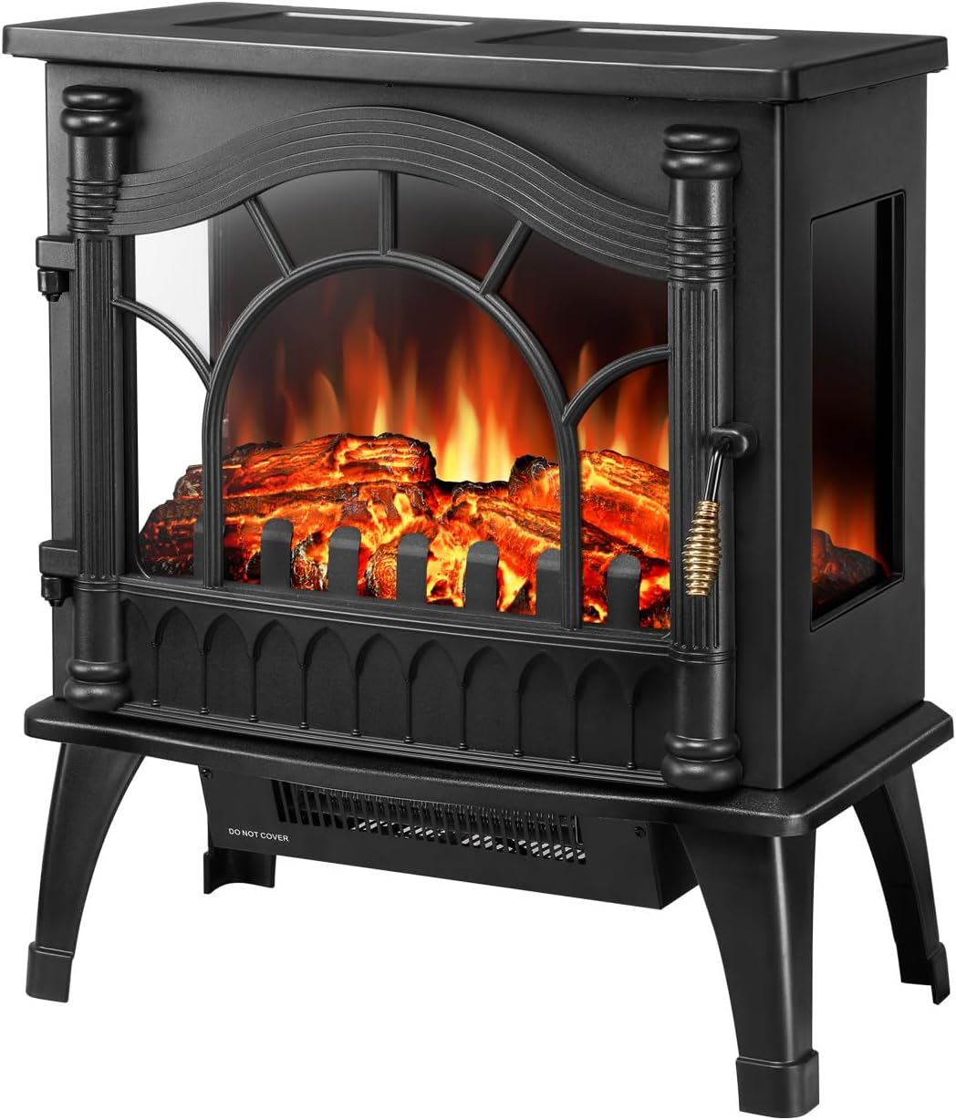 ZAFRO Freestanding Electric Fireplace Stove with Realistic Flame, 5100 BTU Electric Fireplace Heater with Retro Design, 1000W/1500W, Dual Safety Protection for Living Room, Bedroom