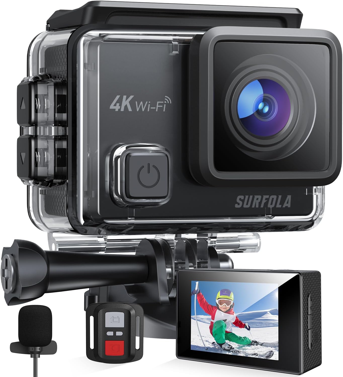 Surfola Action Camera 4K 30fps, Underwater Camera 131ft Waterproof for Snorkeling, 20MP WiFi EIS Camera for Vlogging, External Mic, 2 Rechargeable Batteries, Remote Control, Accessories Kit