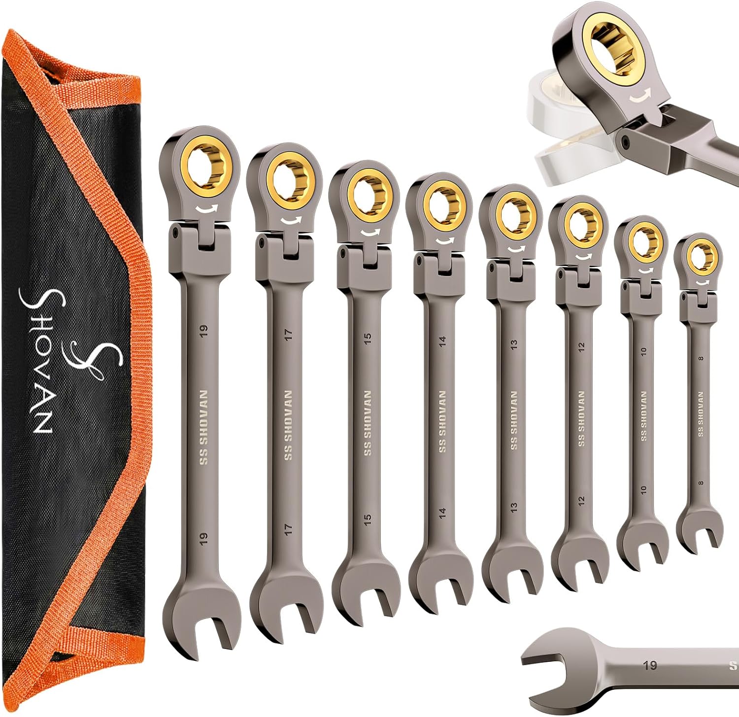 ss shovan 8PCS Flexible Head Ratchet Spanner Set, 72 Teeth Metric 8-19mm, Combination Spanners & Wrenches, Chrome Vanadium Steel Nickel Plated with Roll Pouch, DIY Tool for Bicycle and Car Repair (8)