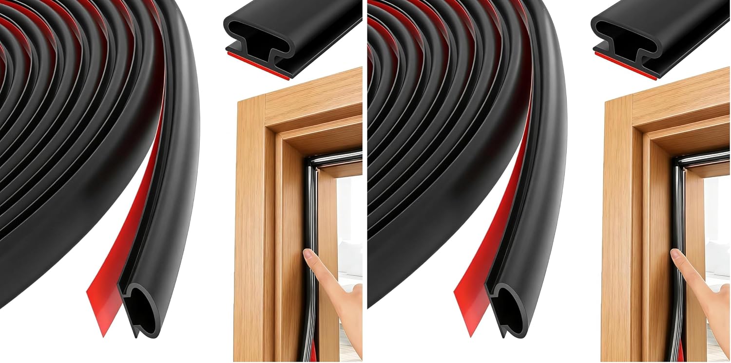 10M Black D-Shape Rubber Weather Stripping Door Seal Strip, Self-Adhesive PVC Sound Proofing Door Frame Seal Draft Excluder, Window Weather Strip Replacement for 2.5-6mm Gap(10M) (Pack of 2)